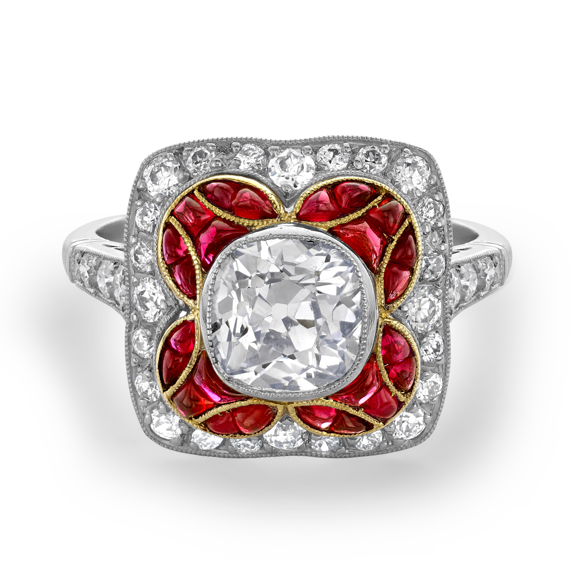 Cushion Cut 1.25ct Ruby and Diamond Cluster Ring Cushion Cut, Millegrain Set_2