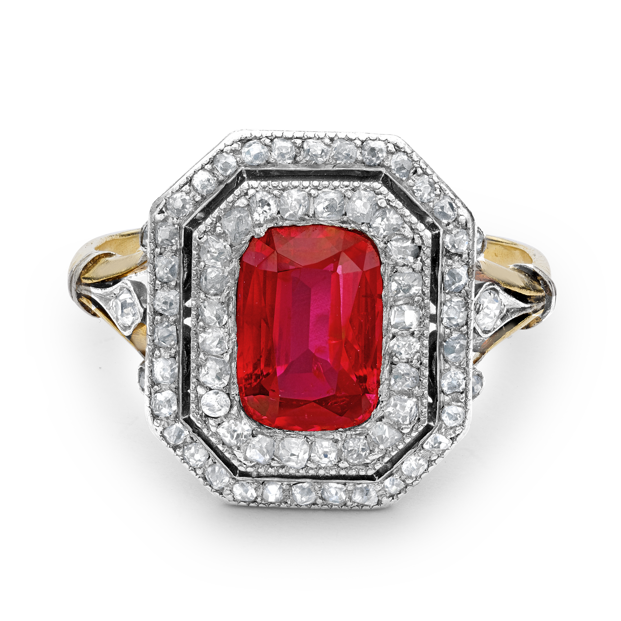 Edwardian Ruby Cluster Ring with a Two Row Diamond Surround Cushion Antique Cut, Millegrain Set_2