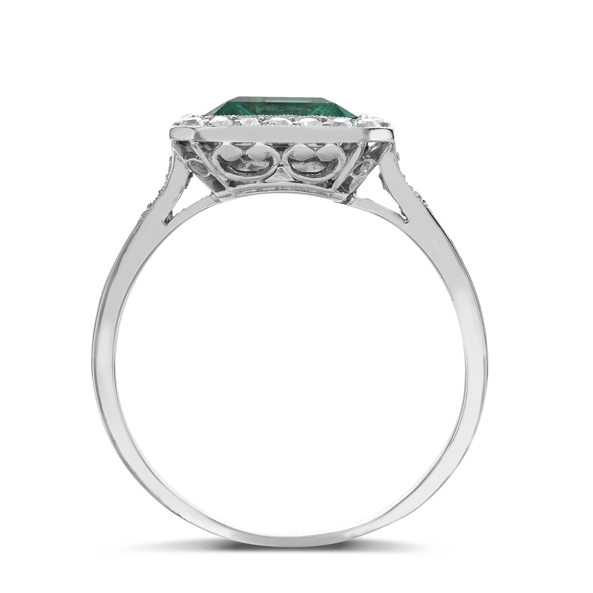 Edwardian 2.80ct Colombian Emerald and Diamond Cluster Ring Emerald Cut, Millegrain Set_3