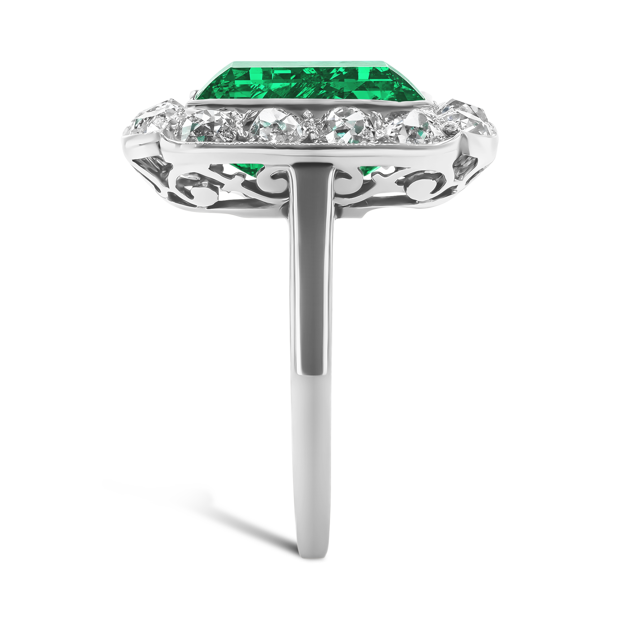 Edwardian 3.41ct Emerald and Diamond Cluster Ring Emerald Cut, Rubover Set_4