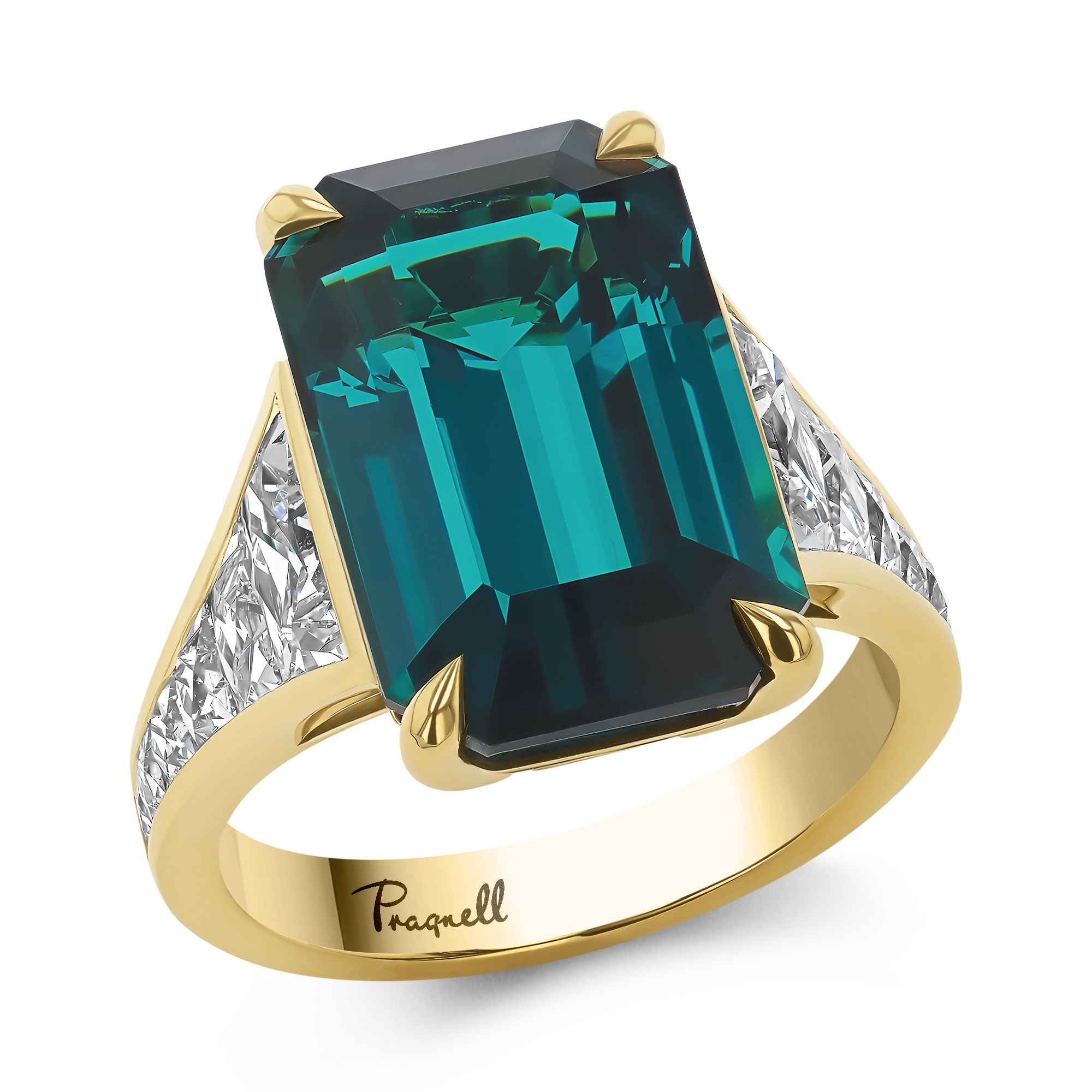 Masterpiece 11.84ct Emerald Cut Namibia Tourmaline and Diamond Ring Emerald Cut, Claw Set_1