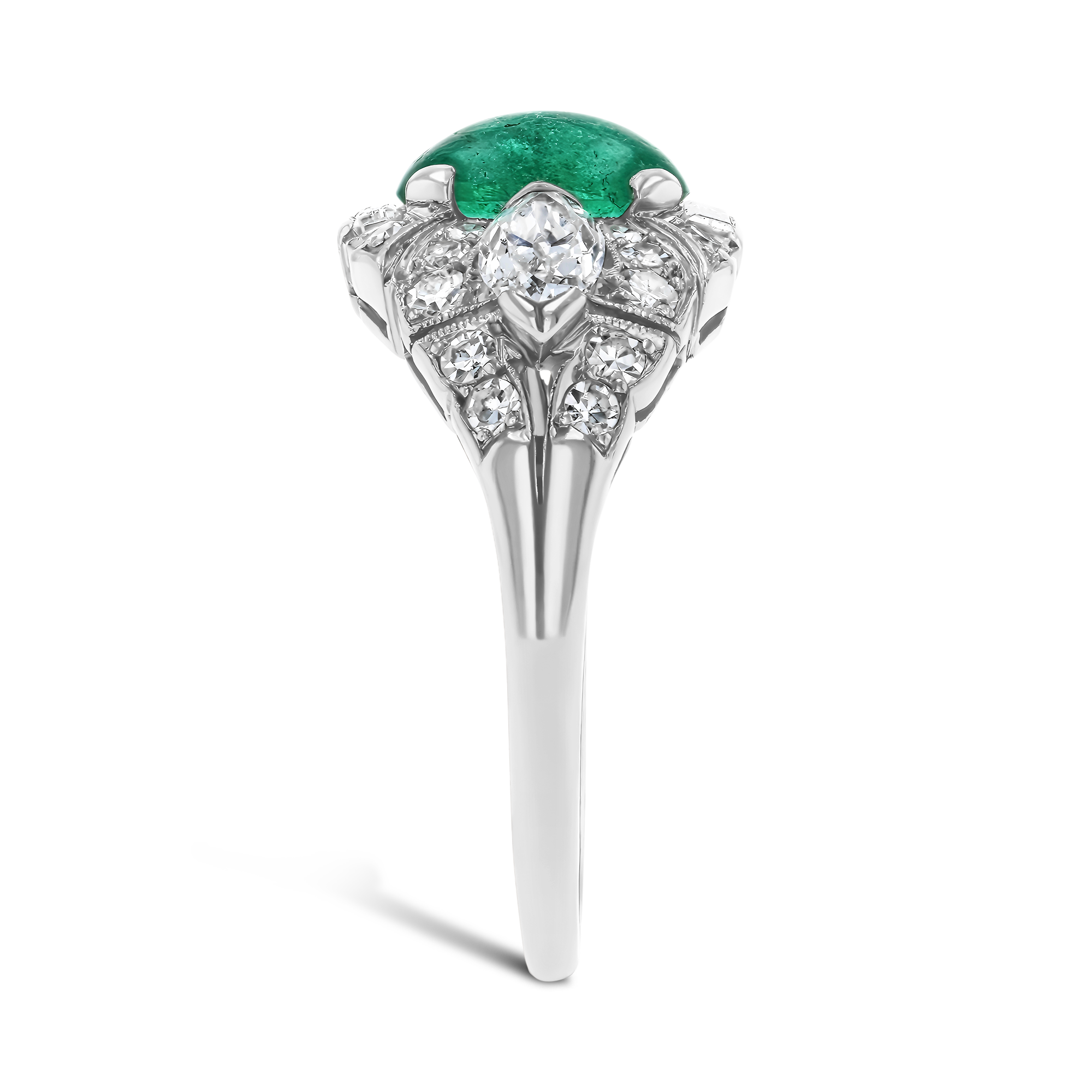 Edwardian Cabochon Cut Emerald and Diamond Ring Cabochon Cut, Claw Set_4