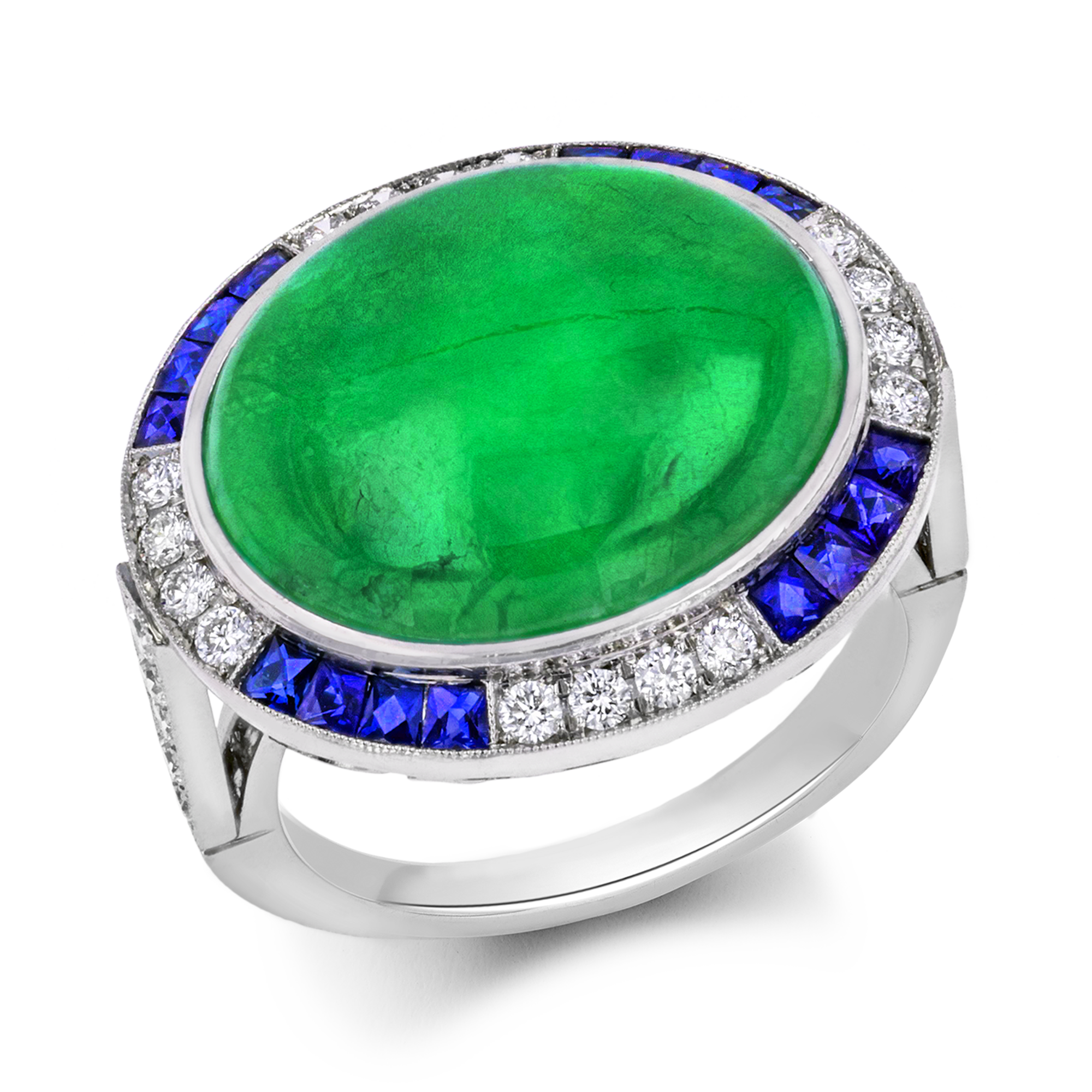 Cabochon Jadeite Ring Cluster Ring with Diamond Shoulders_1