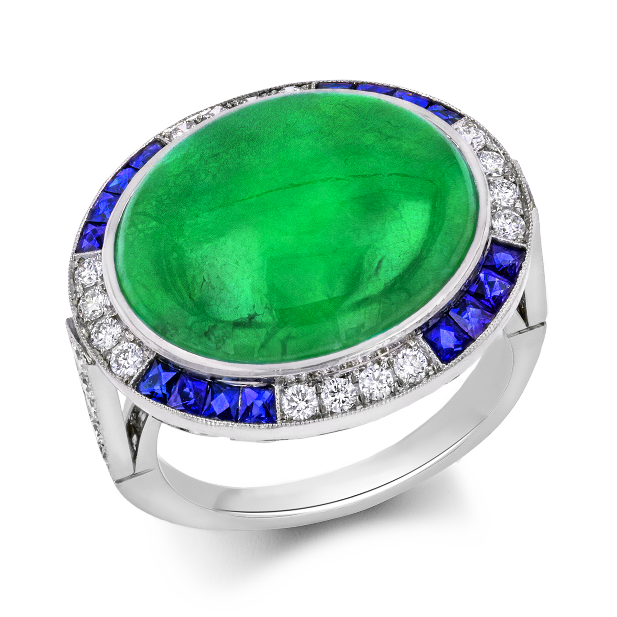 Cabochon Jadeite Ring Cluster Ring with Diamond Shoulders_1