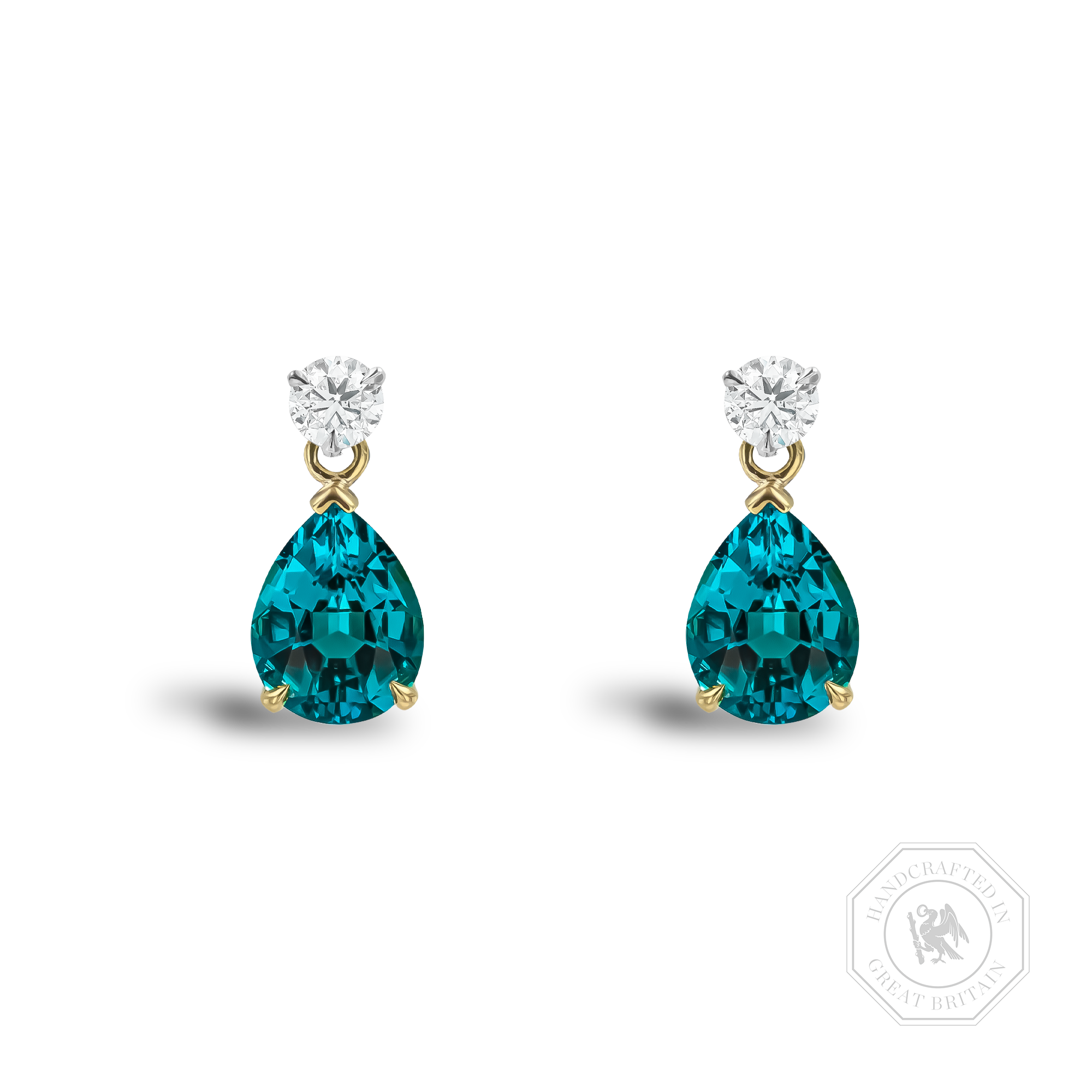 Pear Shaped 4.22ct Lagoon Tourmaline and Diamond Earrings Pear Shape, Claw Set_1