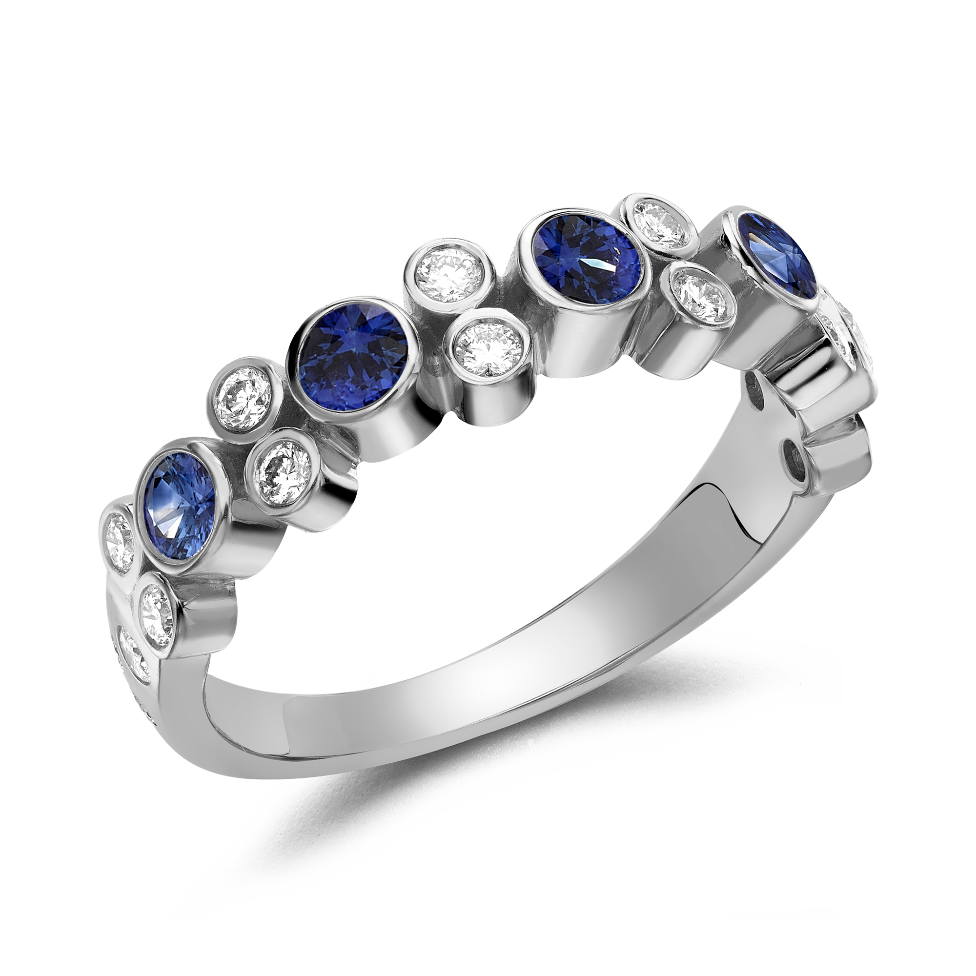 Bubbles Blue Sapphire and Diamond Half-Eternity Ring Brilliant Cut, Rubover Set_1