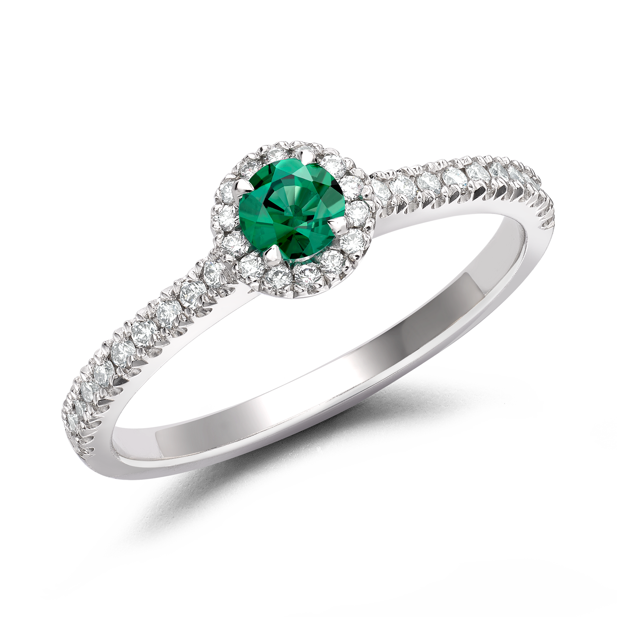 Round Brilliant Cut Emerald Ring Cluster Ring with Diamond Shoulders_1