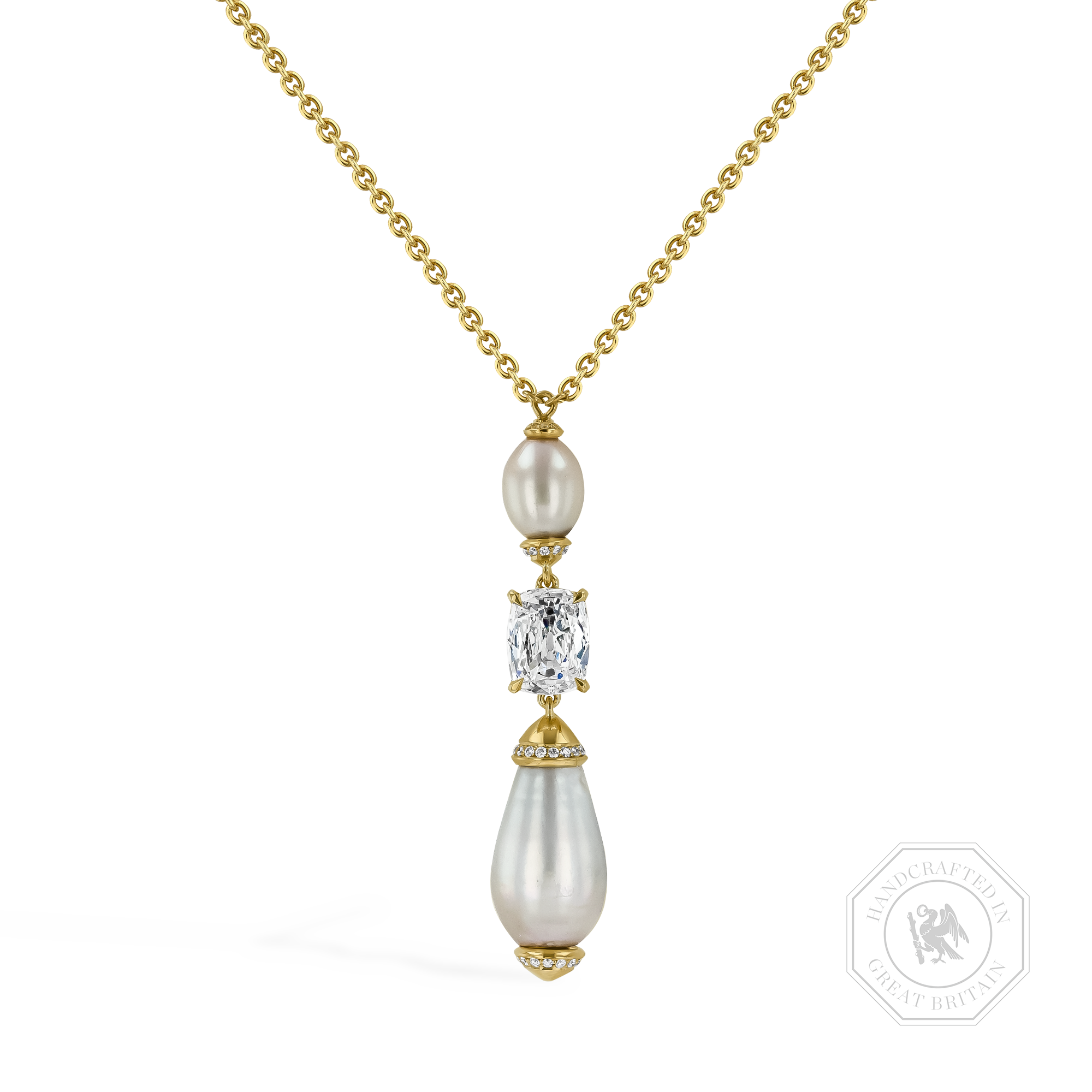 Natural Pearl and 1.08ct Diamond Drop Pendant Cushion Antique Cut, Claw Set_1