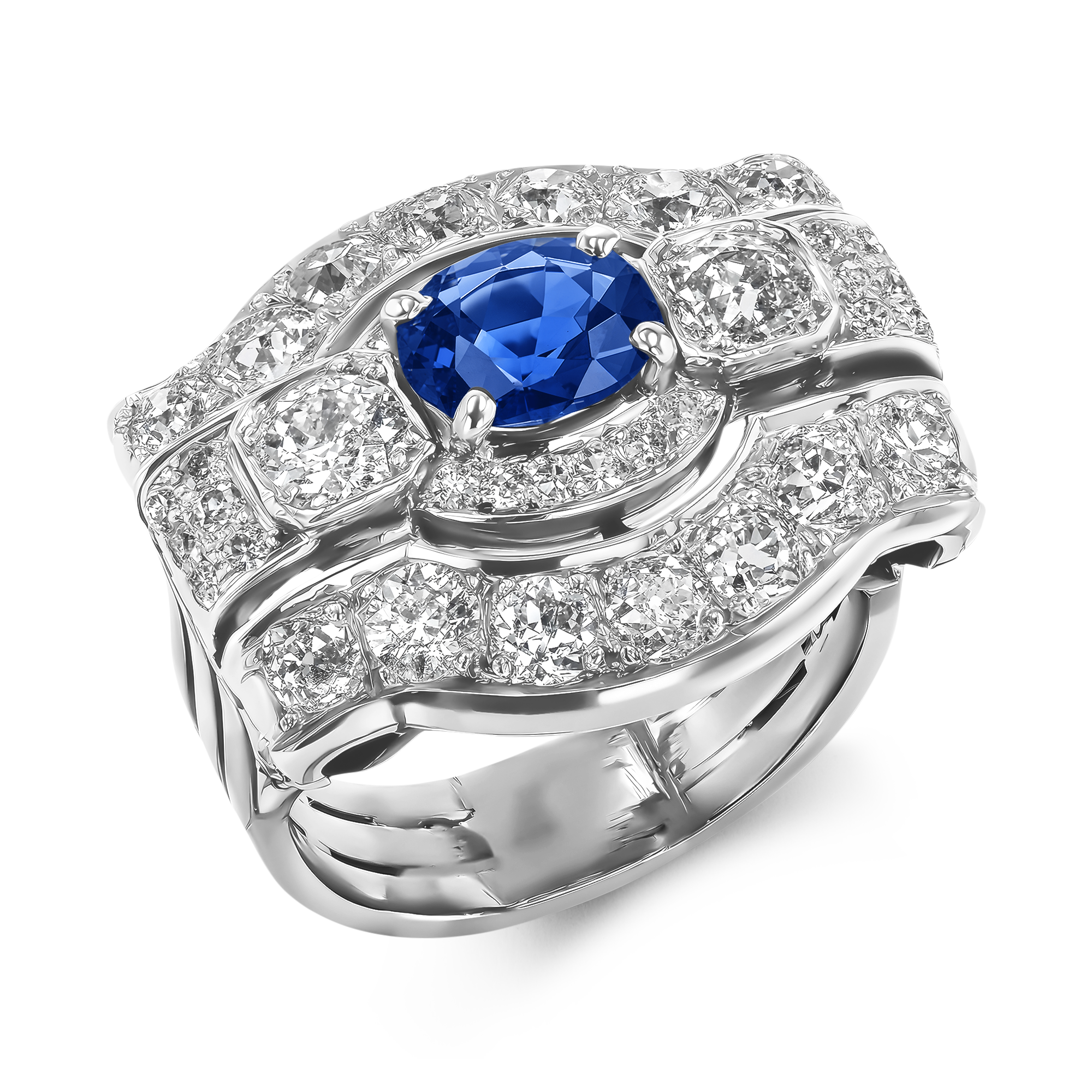 Art Deco 0.85ct Sapphire and Diamond Cocktail Ring Oval Cut, Claw Set_1
