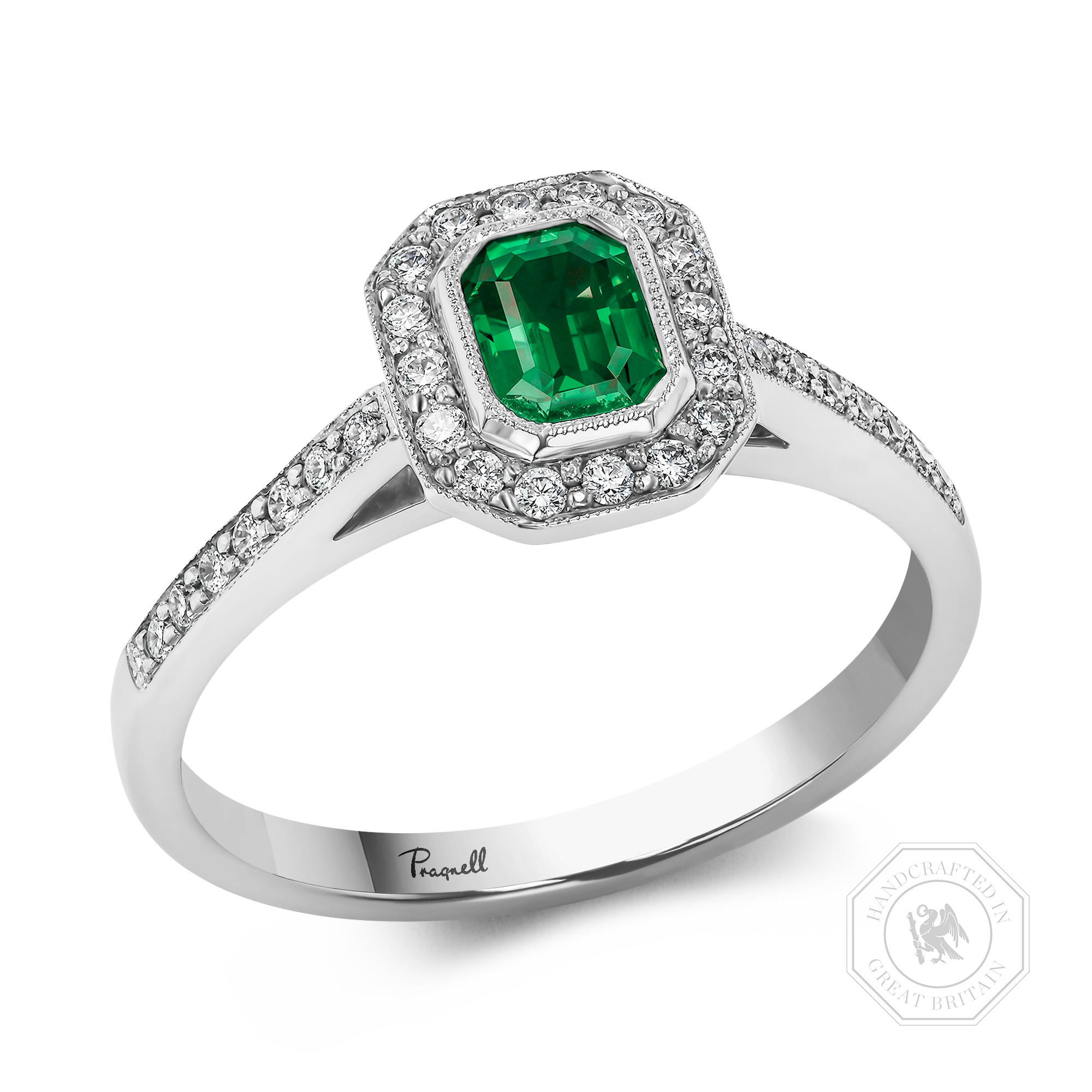 Octagonal Cut Emerald Ring Cluster Ring with Diamond Shoulders_1