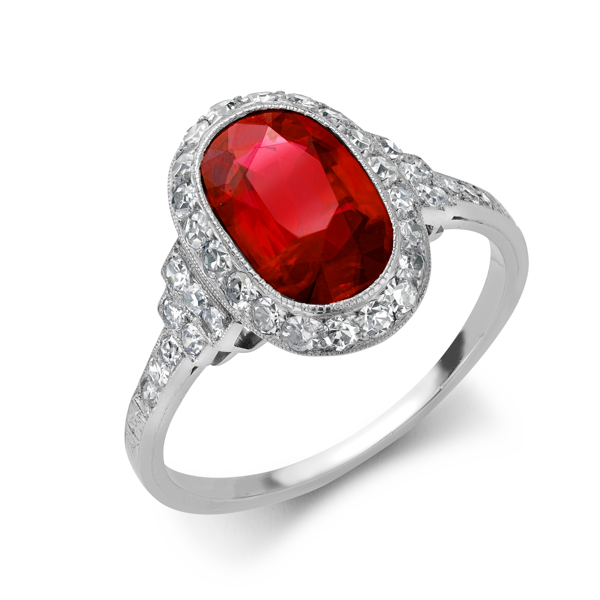 Edwardian 1.87ct Burmese Ruby and Diamond Cluster Ring Oval Cut, Millegrain Set_1