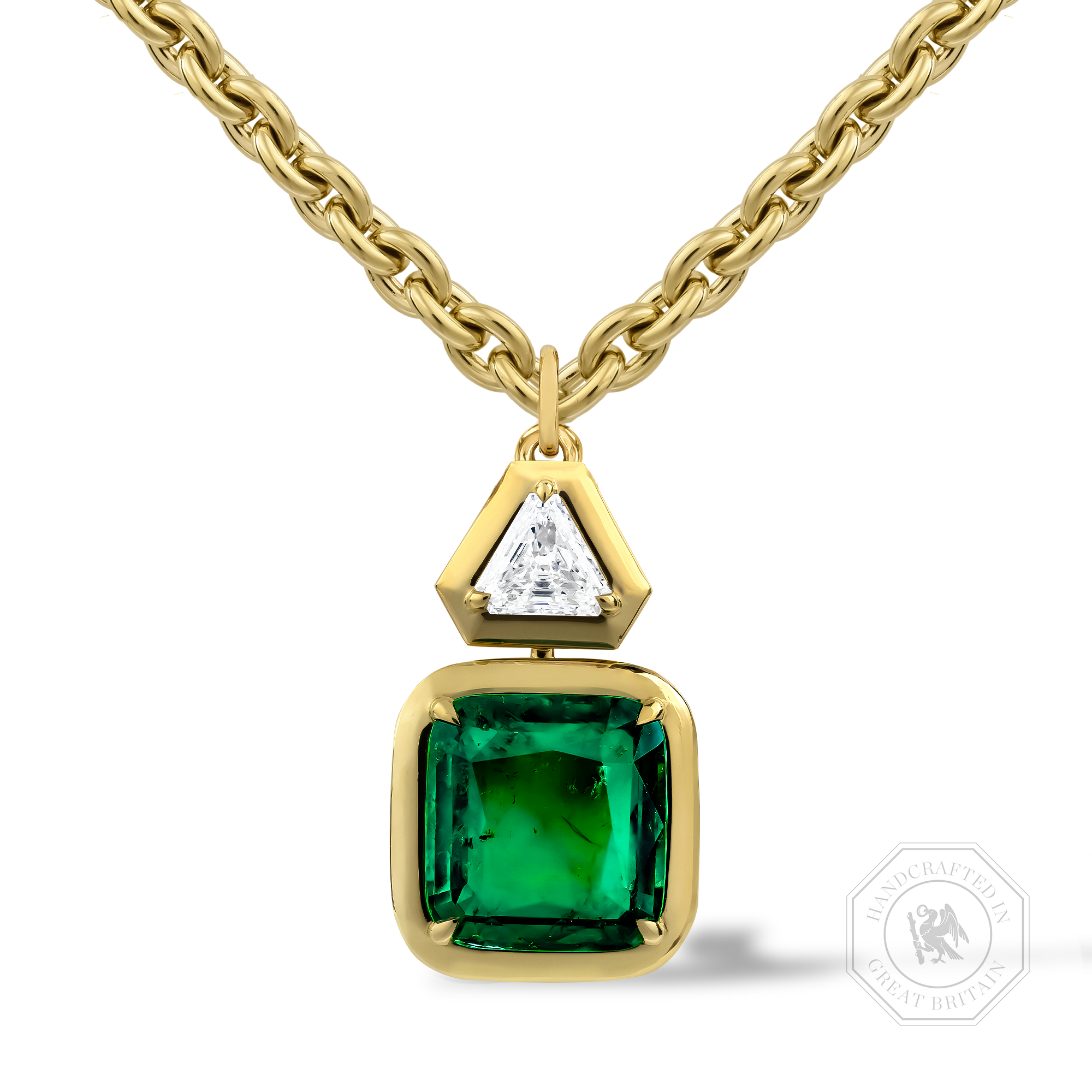 Masterpiece Skimming Stone 5.58ct Muzo Emerald and Diamond Pendant Antique Cushion & Triangle Cut, Claw Set_1