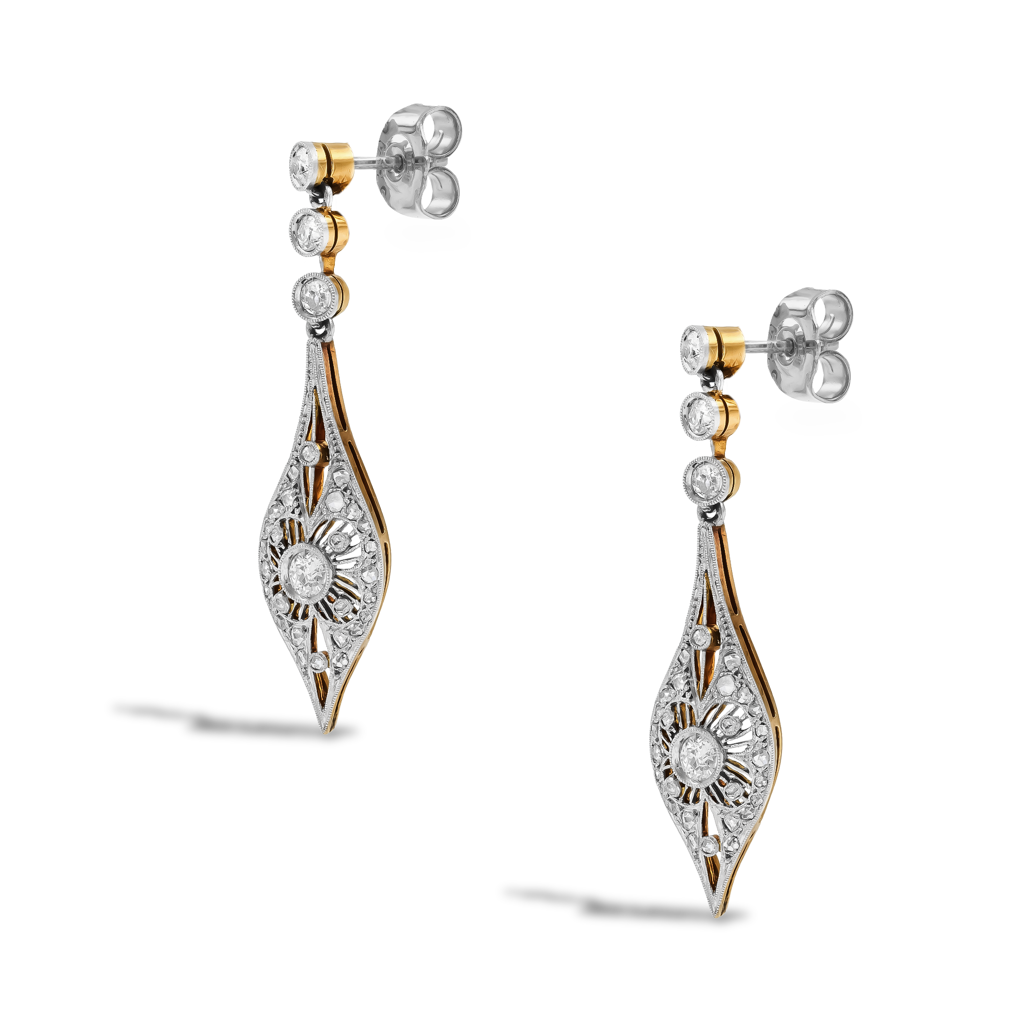 Edwardian Old & Rose Cut 1.00ct Diamond Drop Earrings Old European & Rose Cut, Millegrain Set_2