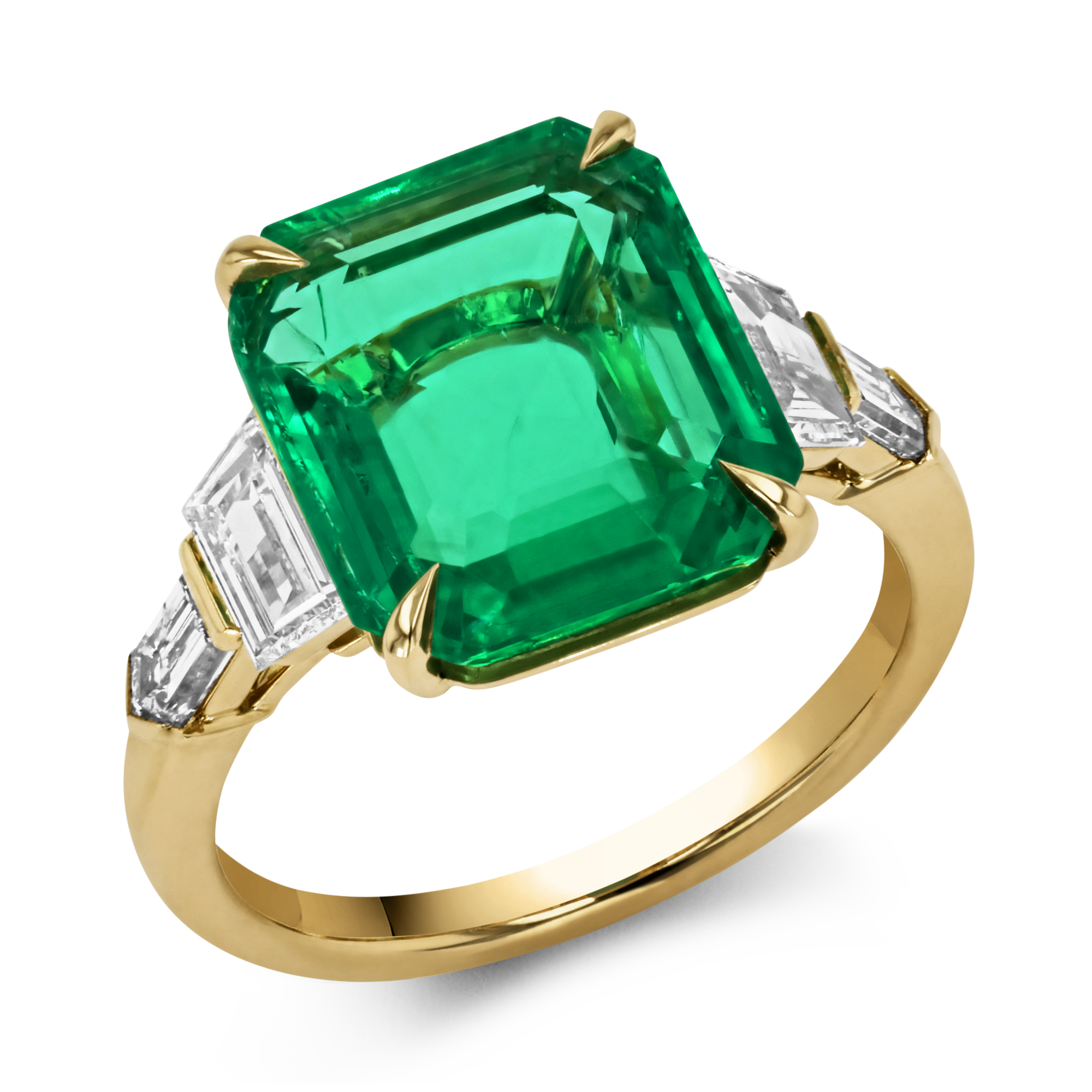 Colombian Emerald Ring with Diamond shoulders Emerald Trapezoid & Bullet Cut, Claw Set_1