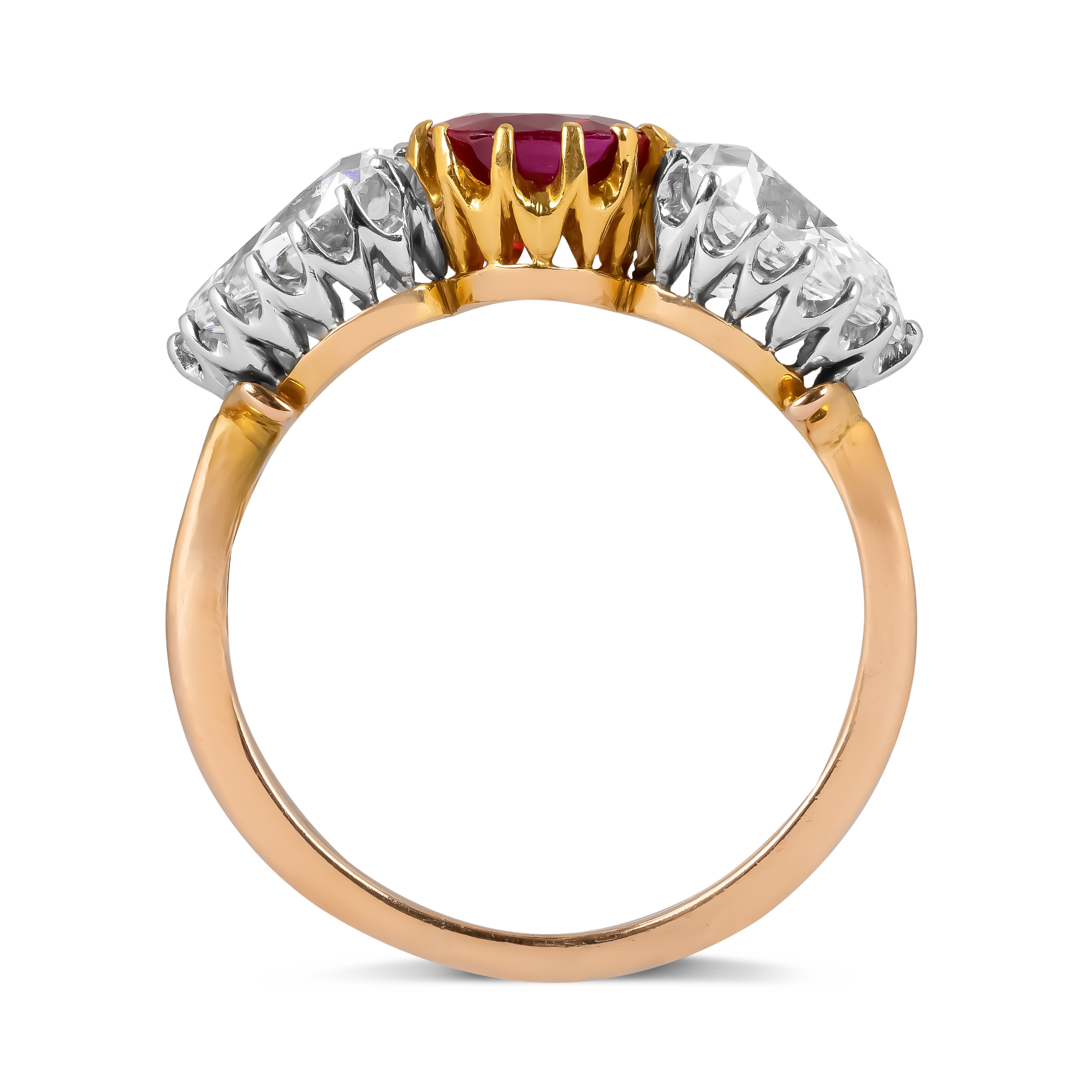 Victorian 1.63t Burmese Ruby and Diamond Three Stone Ring Cushion Cut, Claw Set_3