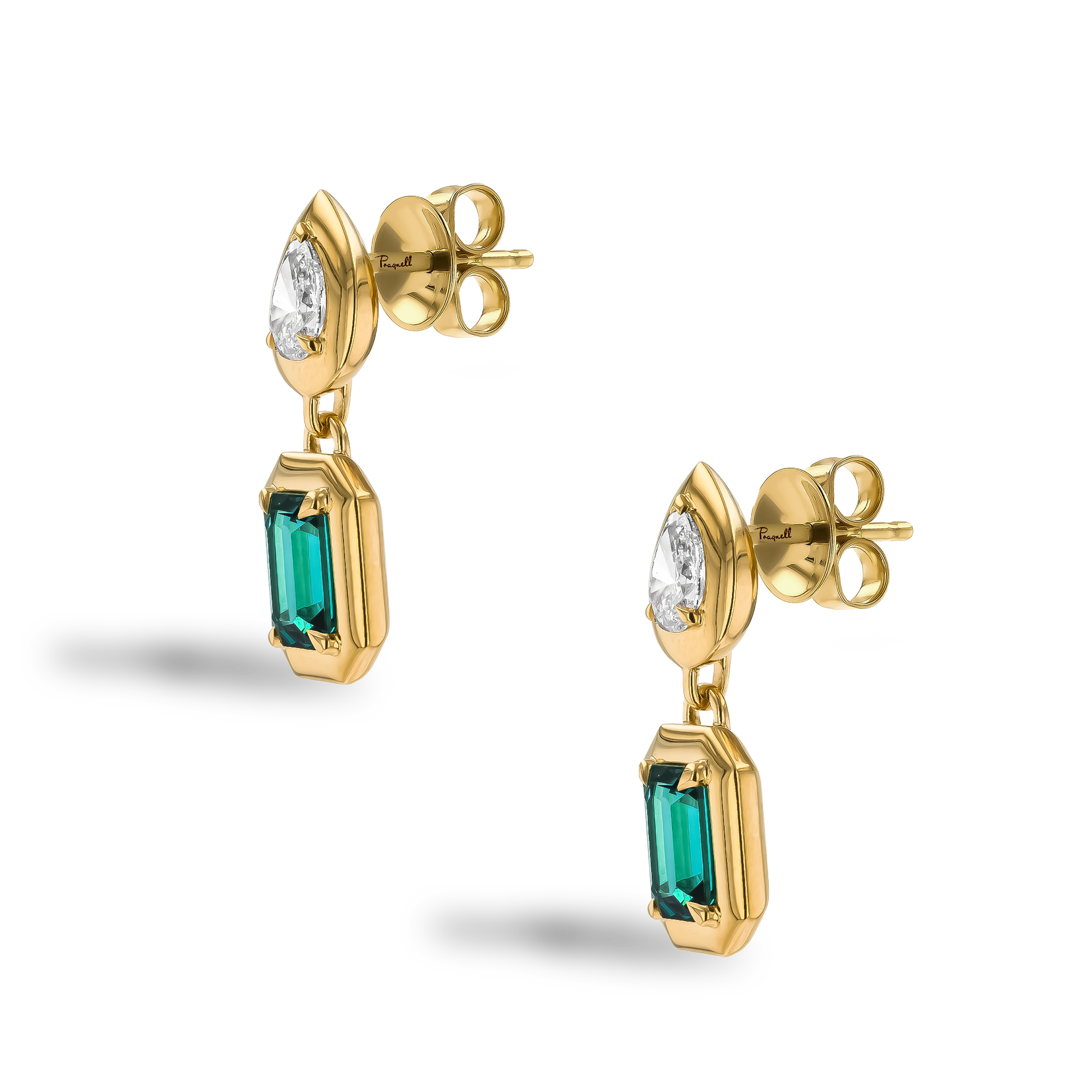 Skimming Stone 2.23ct Lagoon Tourmaline and Diamond Drop Earrings Emerald & Pear Cut, Claw Set_2