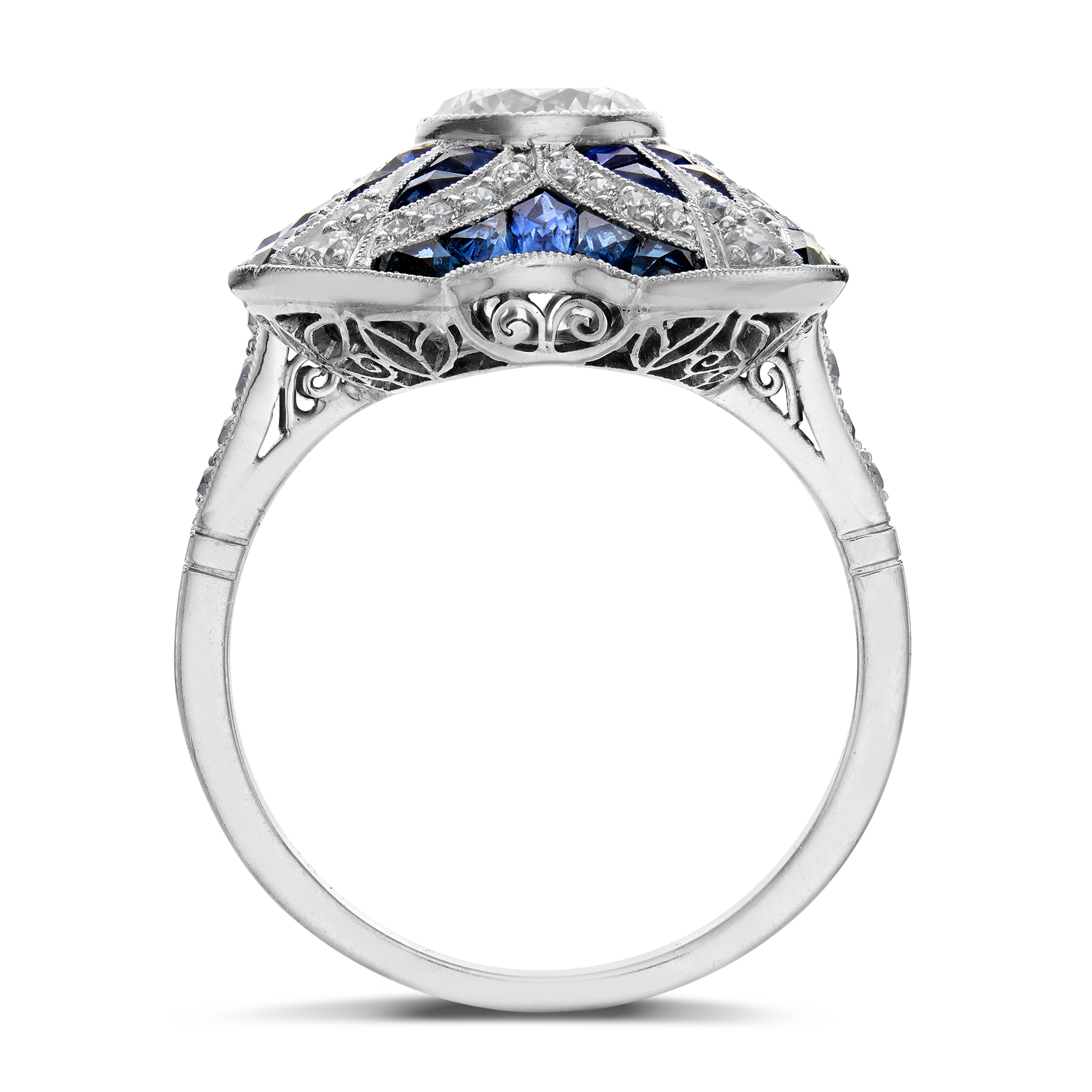 Art Deco Inspired Diamond and Calibre Sapphire Dress Ring with Sapphire and Diamond surround Old Cut, Millegrain Set_3