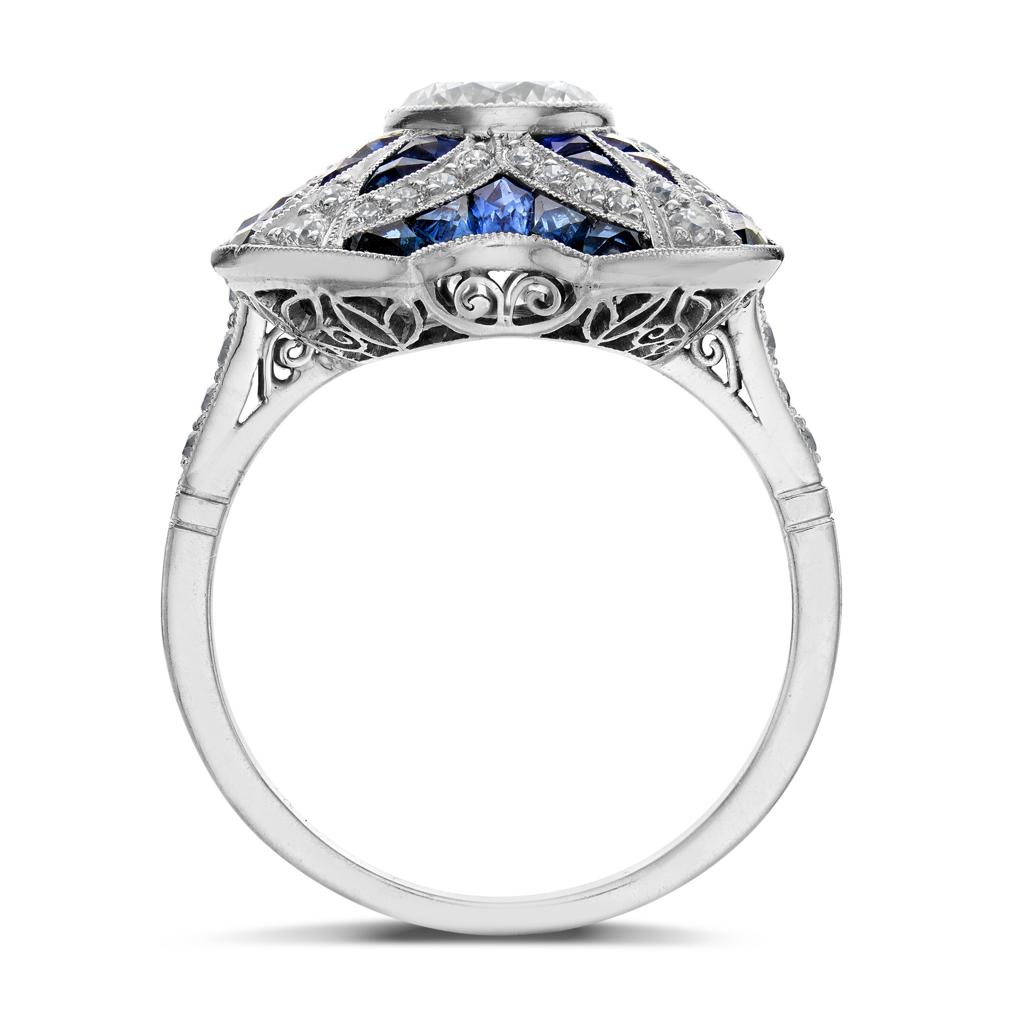 Art Deco Inspired Diamond and Calibre Sapphire Dress Ring with Sapphire and Diamond surround Old Cut, Millegrain Set_3