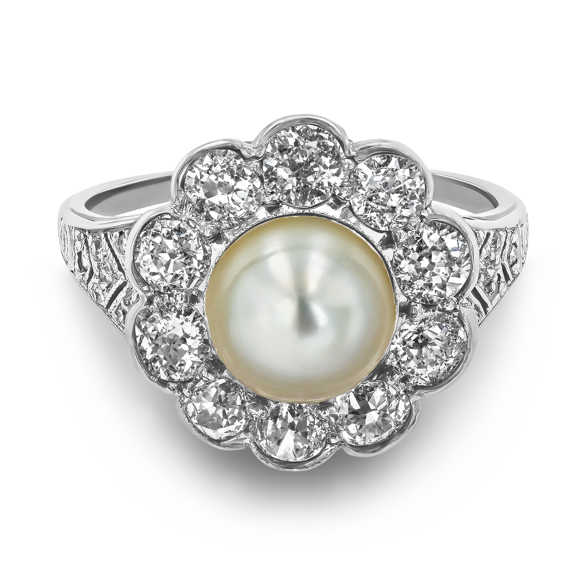 Edwardian Pearl and Diamond Cluster Ring Old Cut, Millegrain Set_2