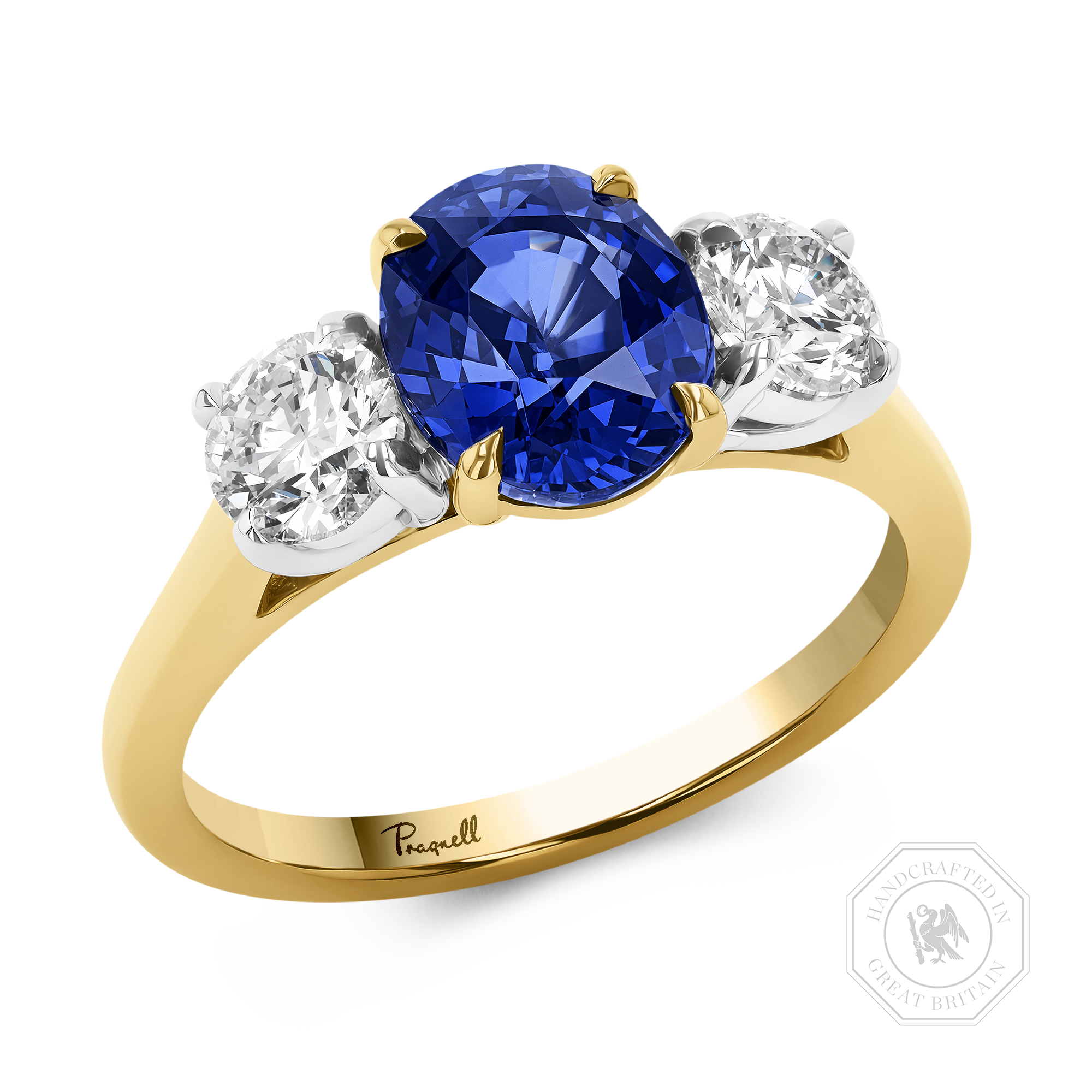 Oval Cut 2.35ct Sapphire and Diamond Three Stone Ring Oval Cut, Claw Set_1