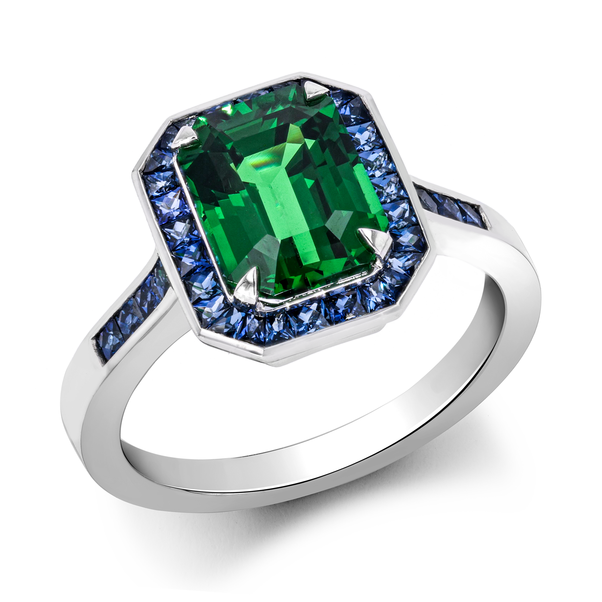 Gatsby 3.07ct Tsavorite Garnet Ring with Blue Sapphire Surround Emerald & French Cut, Claw & Channel Set_1