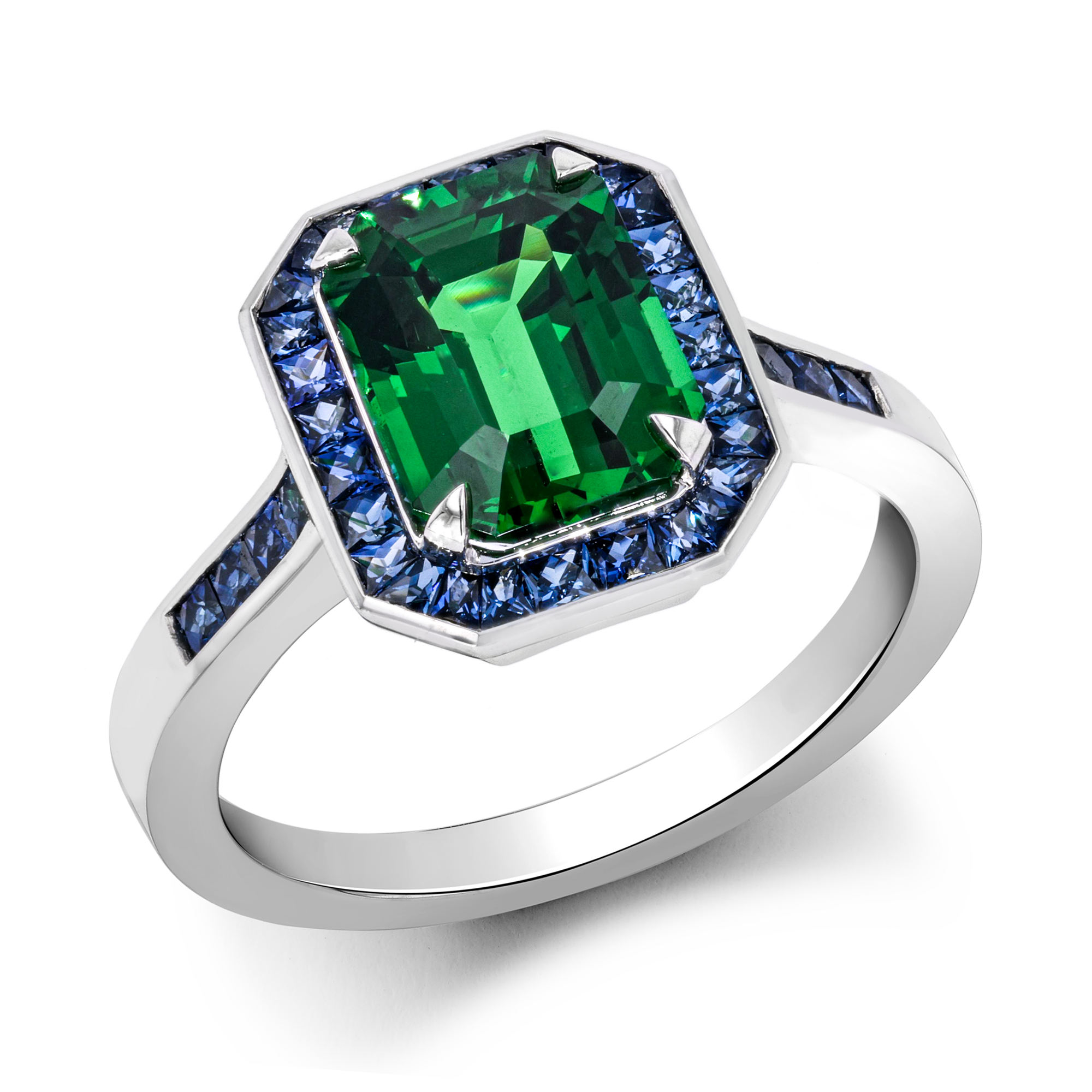 Gatsby 3.07ct Tsavorite Garnet Ring with Blue Sapphire Surround Emerald & French Cut, Claw & Channel Set_1