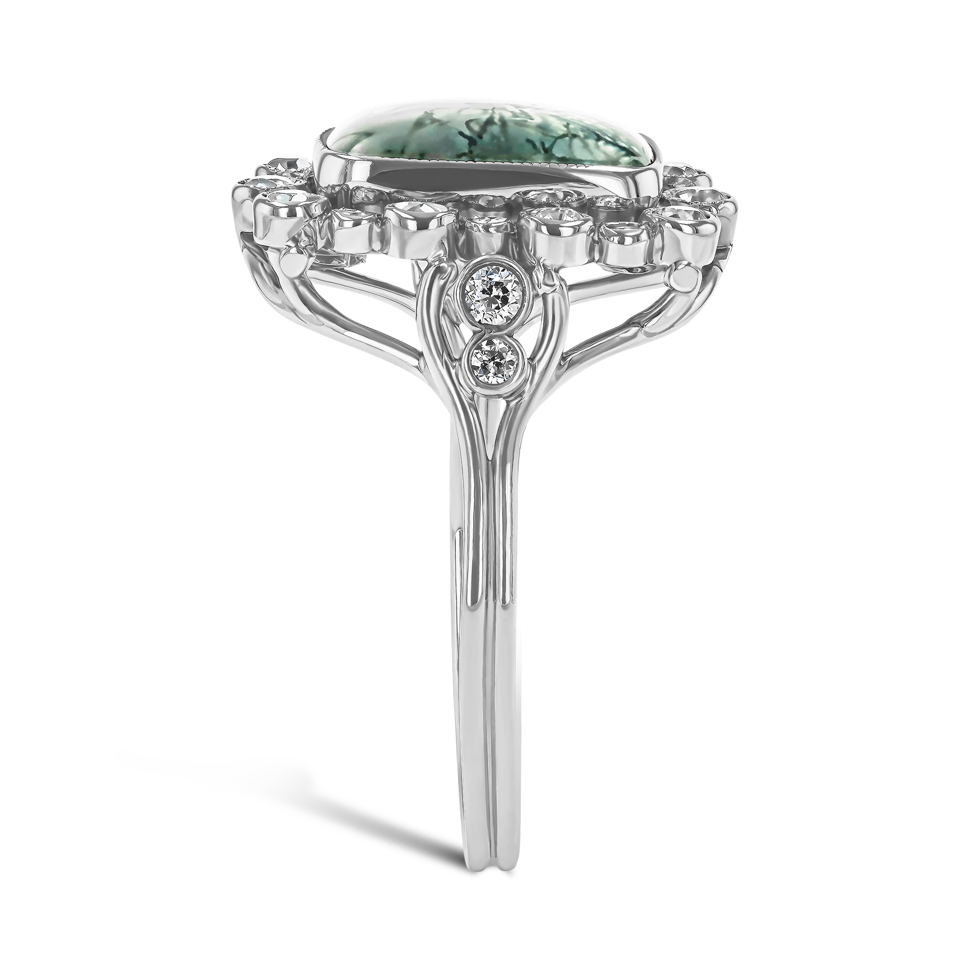 Moss Agate and Diamond Cluster Ring Old European Cut, Millegrain Set_4