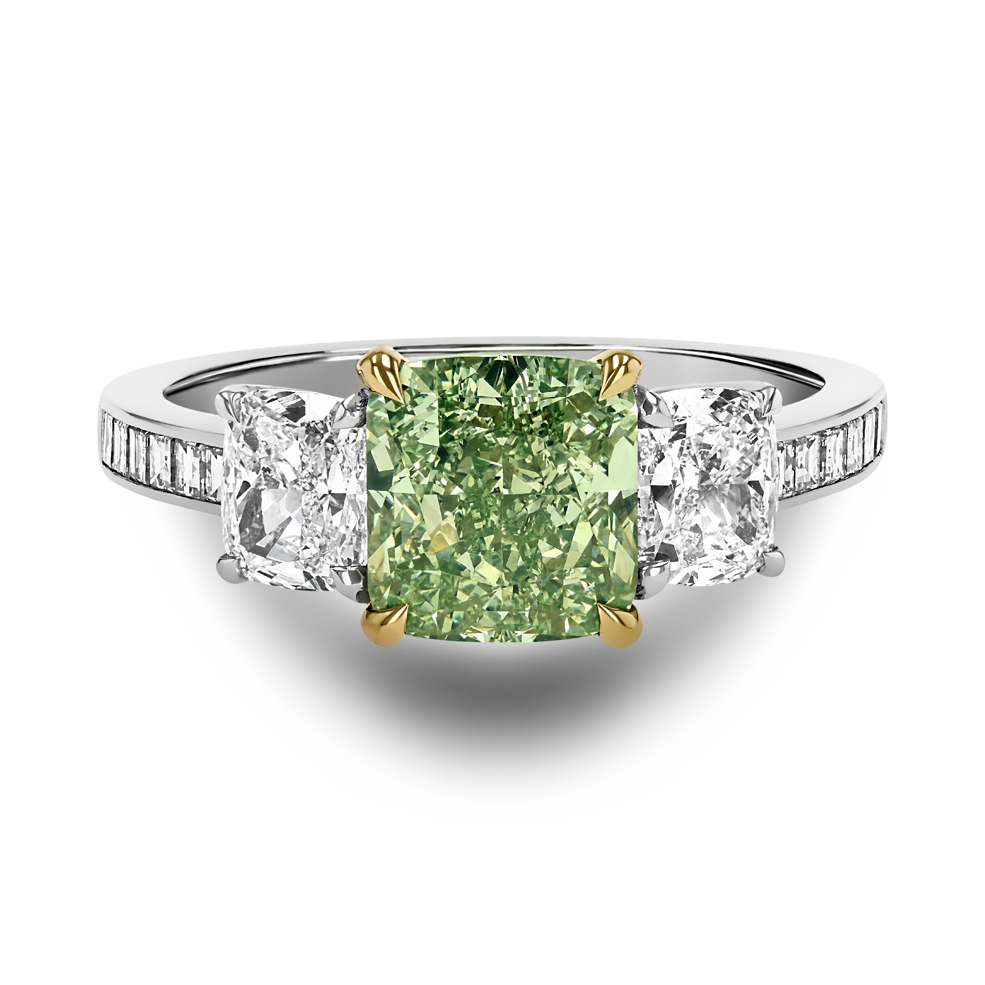 Masterpiece Fancy Intense Yellowish Green Diamond Ring in Deco Setting Cushion Modern Cut, Four Claw Set_2
