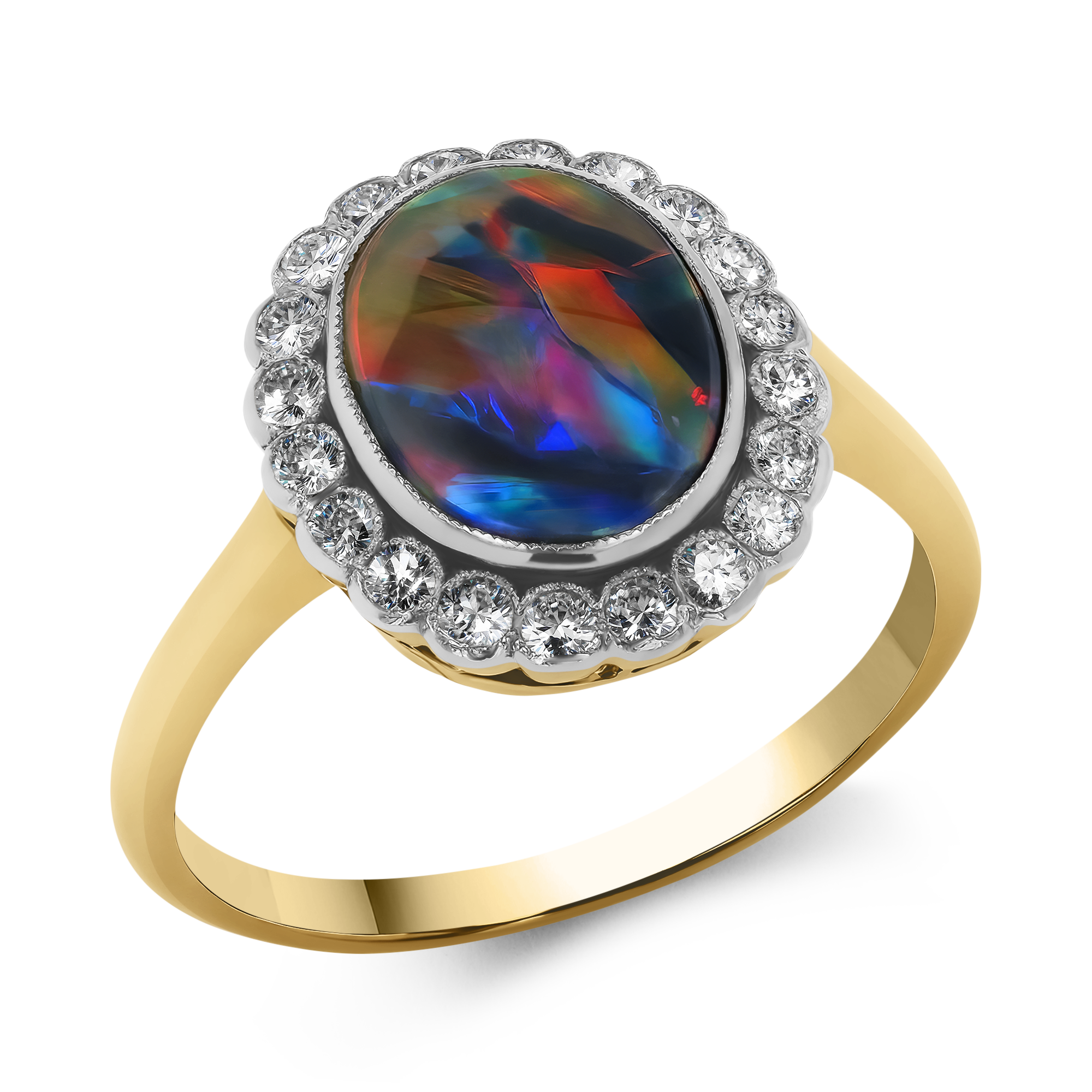 Edwardian Opal and Diamond Cluster Ring Oval Cut, Rubover Set_1