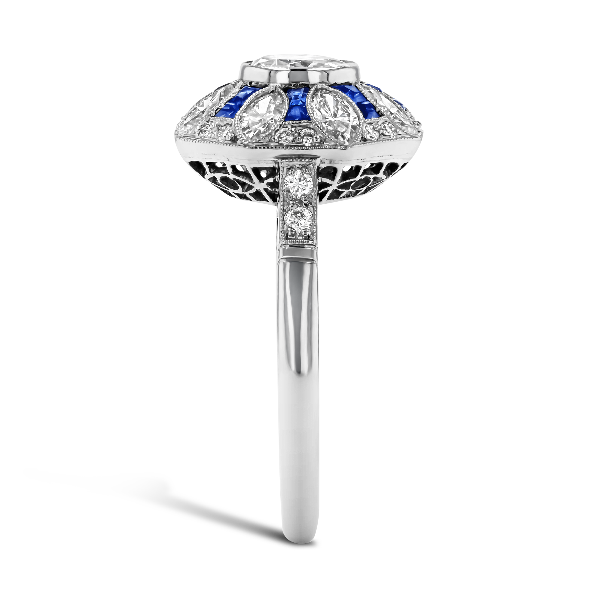 Art Deco Inspired 0.75ct Sapphire and Diamond Cluster Ring Old Cut, Millegrain Set_4