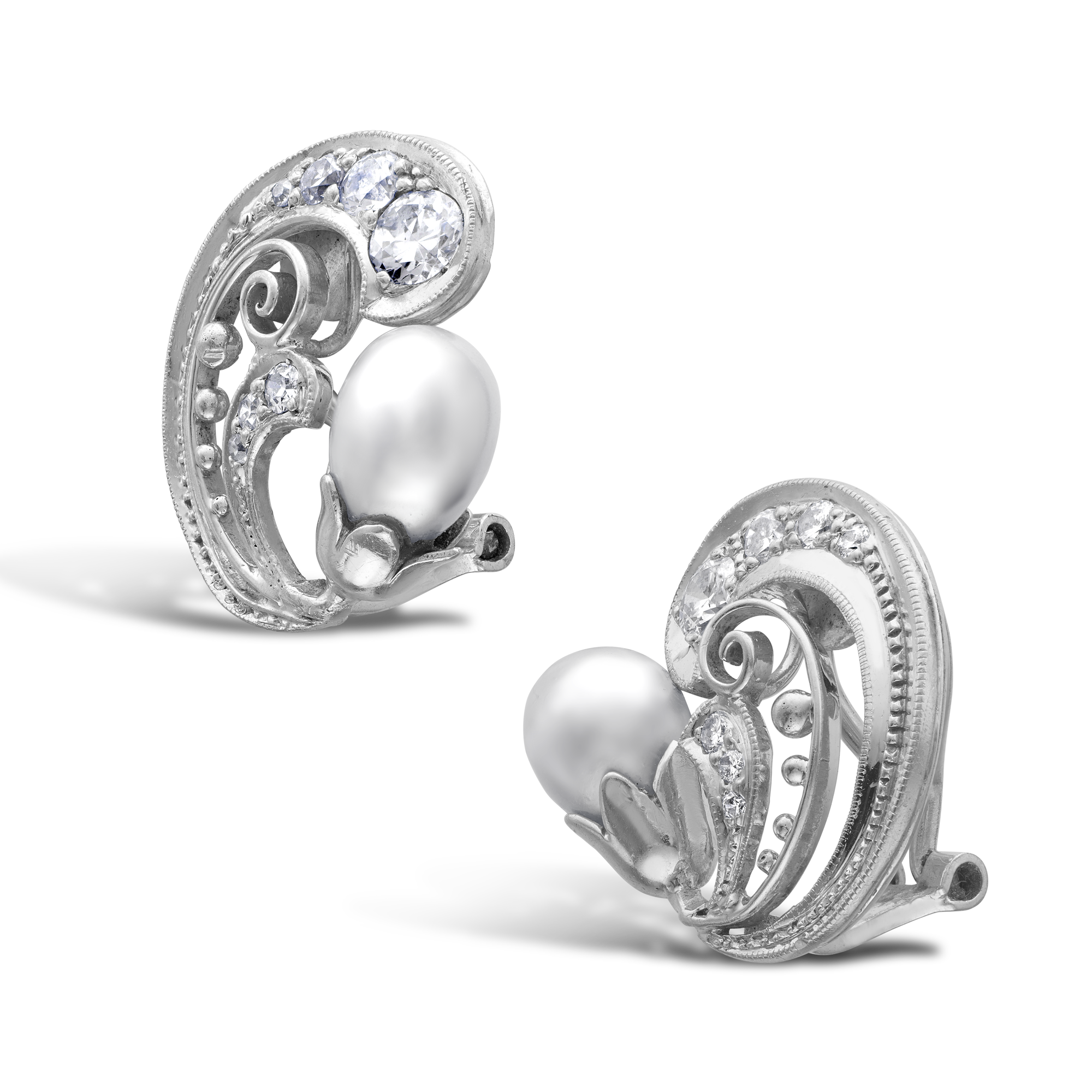 Retro Natural Pearl & Diamond Pierced Scroll Ear clips Brilliant Cut, Claw Set TBC_2