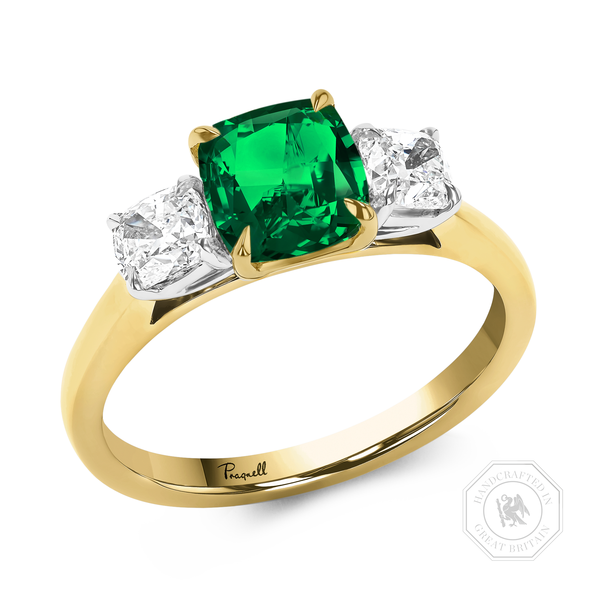 Cushion Cut 1.74ct Zambian Emerald and Diamond Three Stone Ring Modern Cushion Cut, Claw Set_1