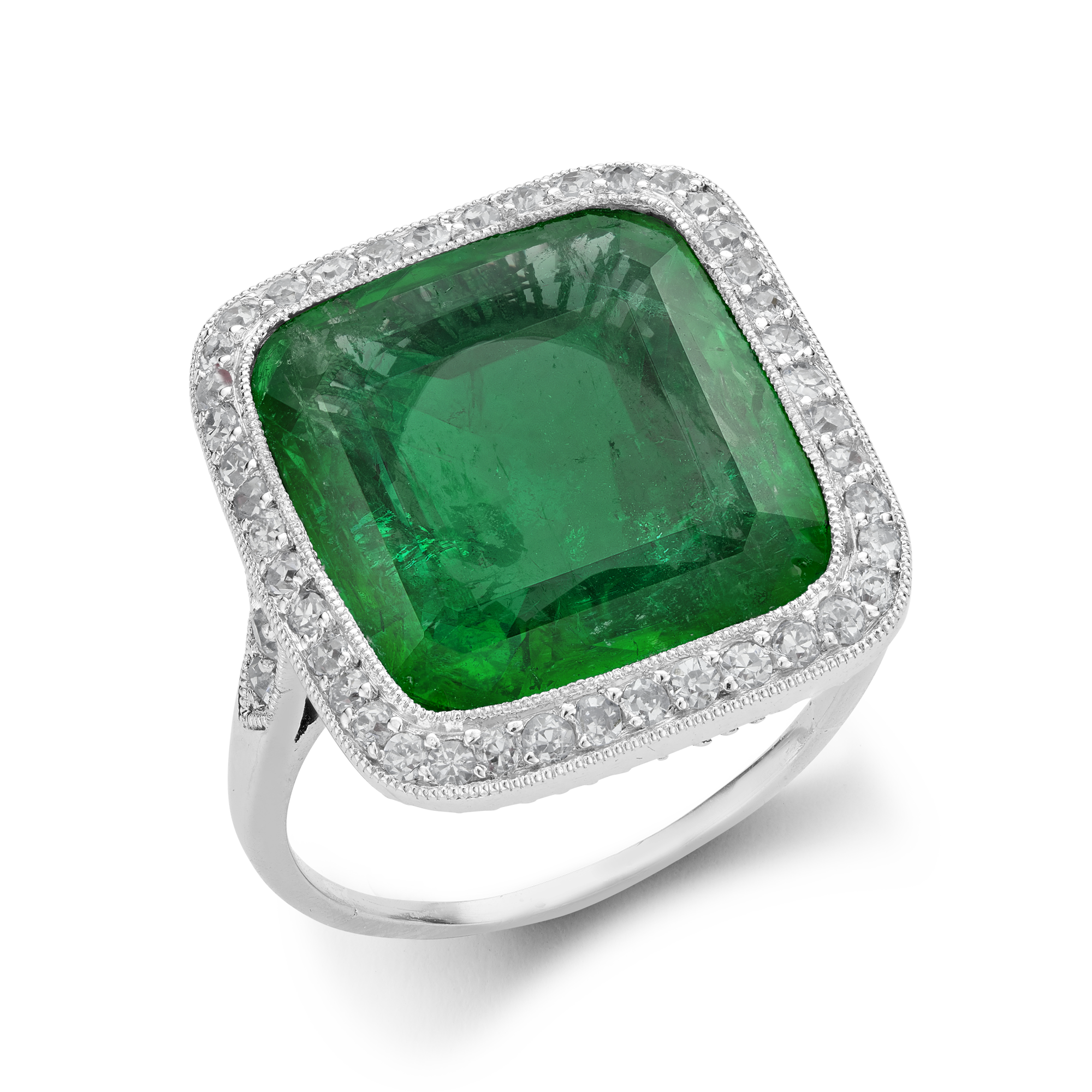 Edwardian Colombian Emerald Dress Ring Cushion Antique Cut, Millegrain Set_1