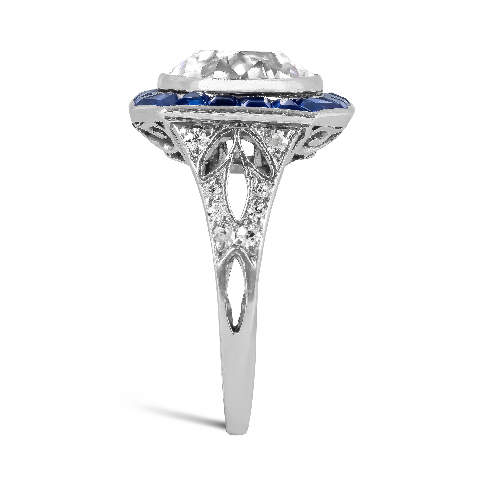 Art Deco Old Cut 3.30ct Diamond and Sapphire Target Ring Old European Cut, Rubover Set_4