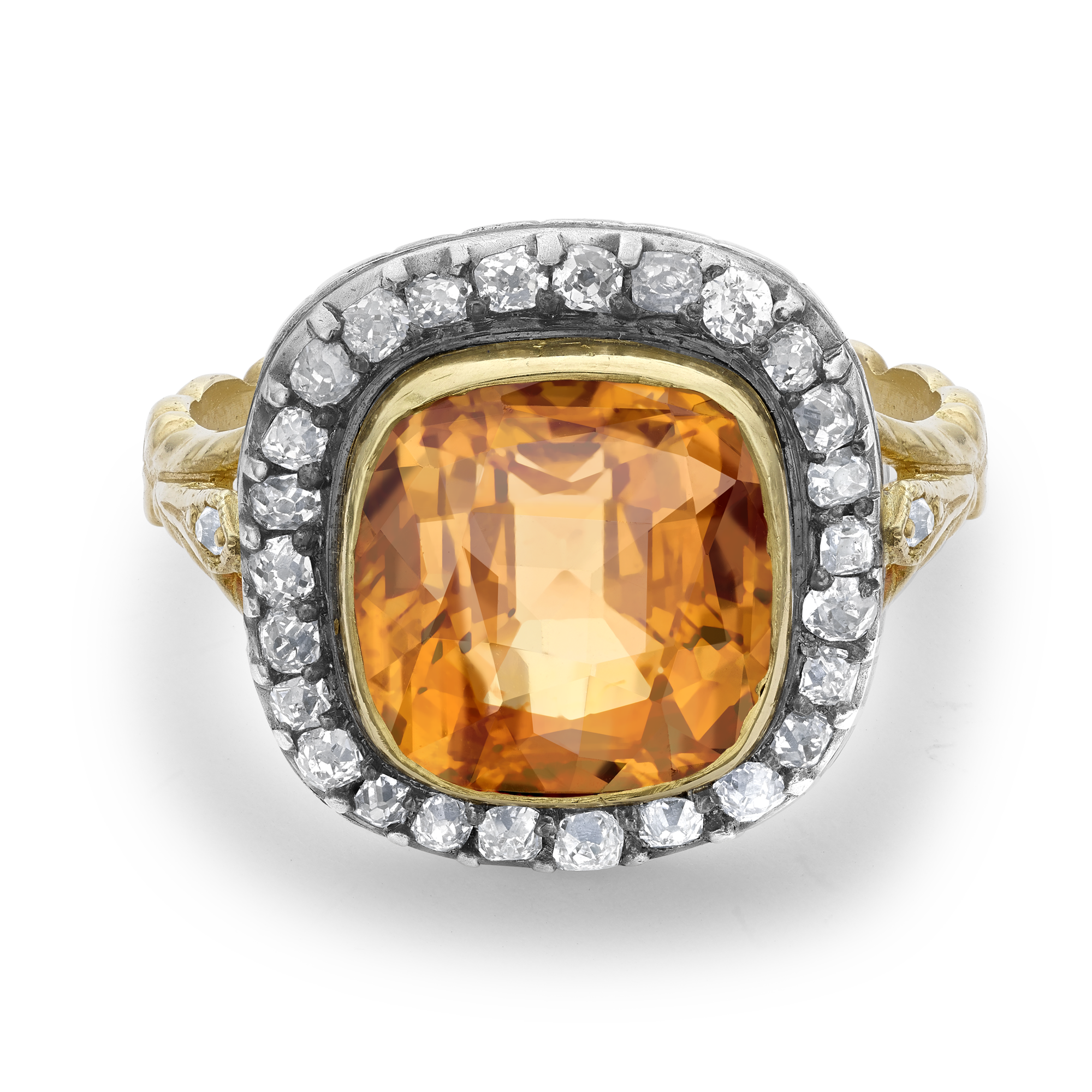 Victorian Cushion Shaped Orange Topaz Ring with Diamond Surround Antique Cushion & Old Cut, Rubover Set_2