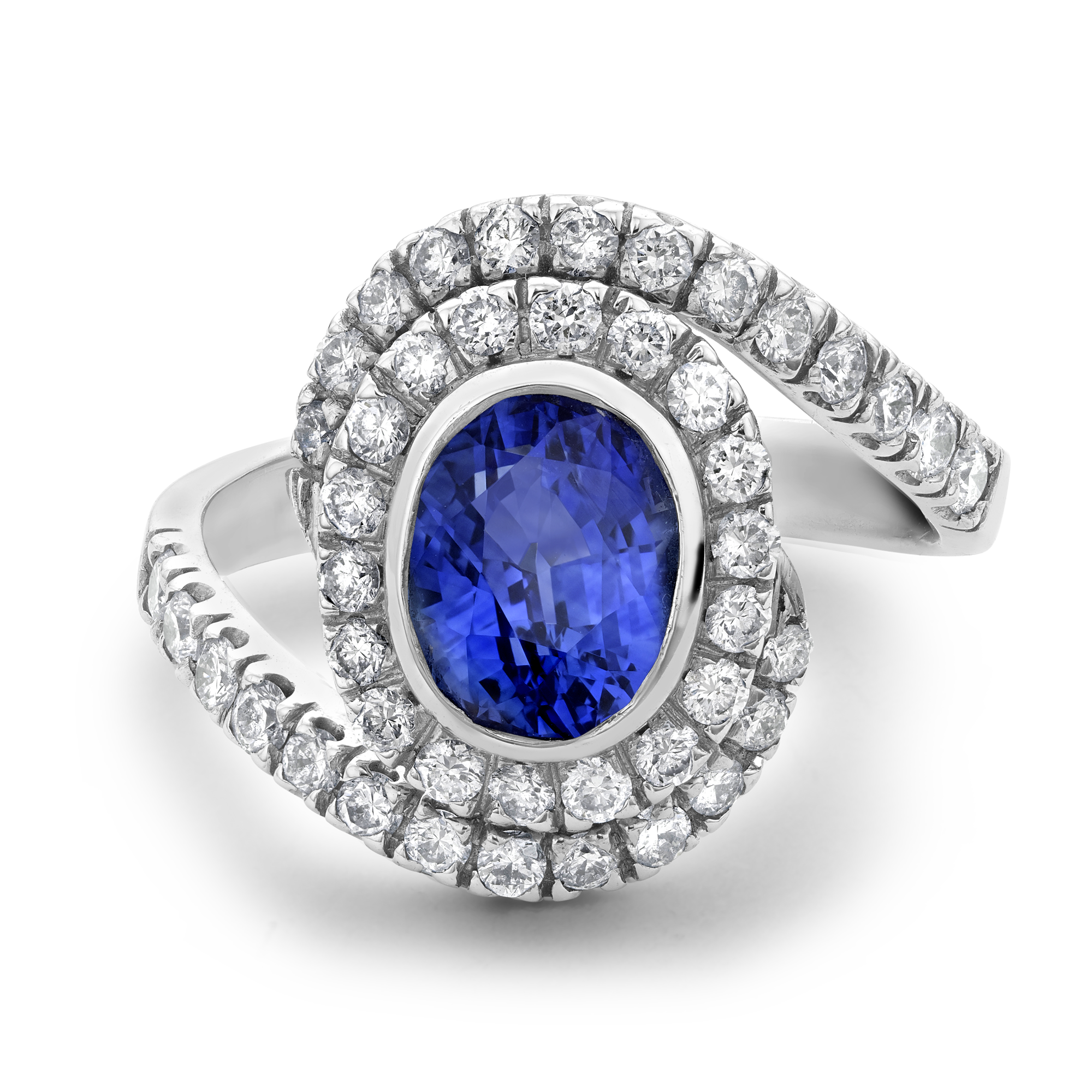 Oval Sapphire and Diamond Swirl Motif Ring Oval Cut and Four Claw Set_2