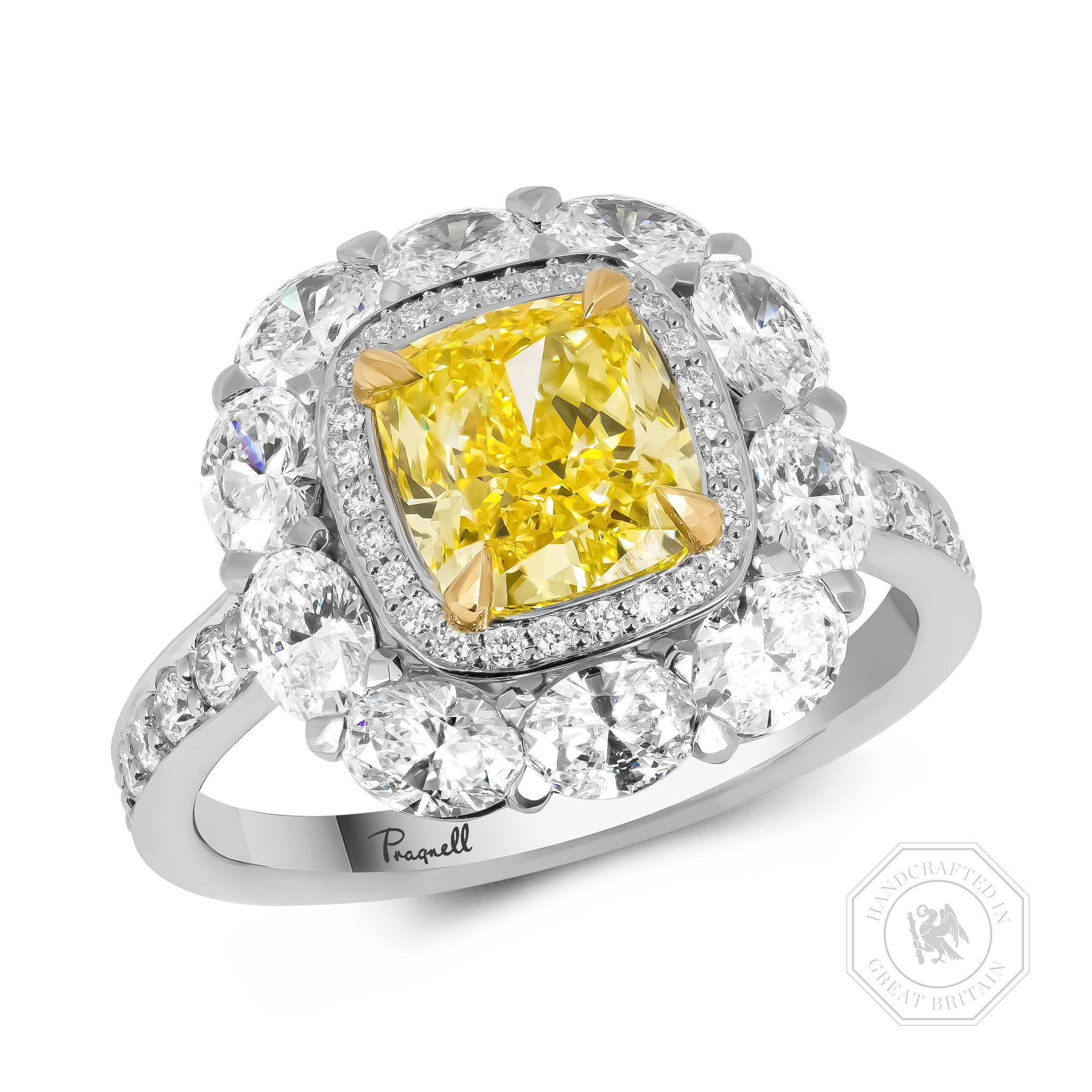 Cushion Cut 1.27ct Fancy Intense Yellow Diamond Cluster Ring Modern Cushion Cut, Claw Set_1
