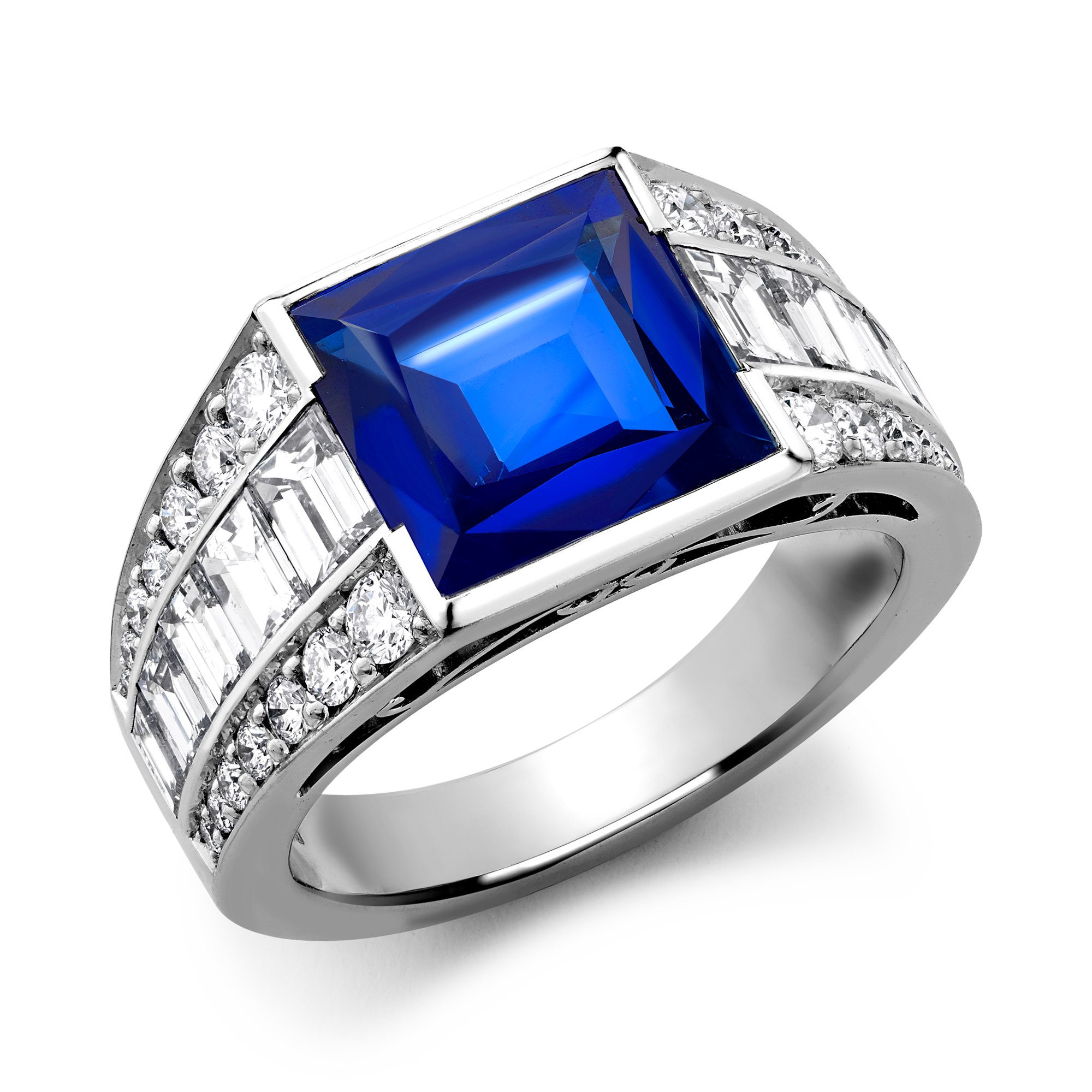 Masterpiece Kashmir Sapphire & Diamond Ring Square Cut, Tapered Baguette Diamond Shoulders, Claw Set_1