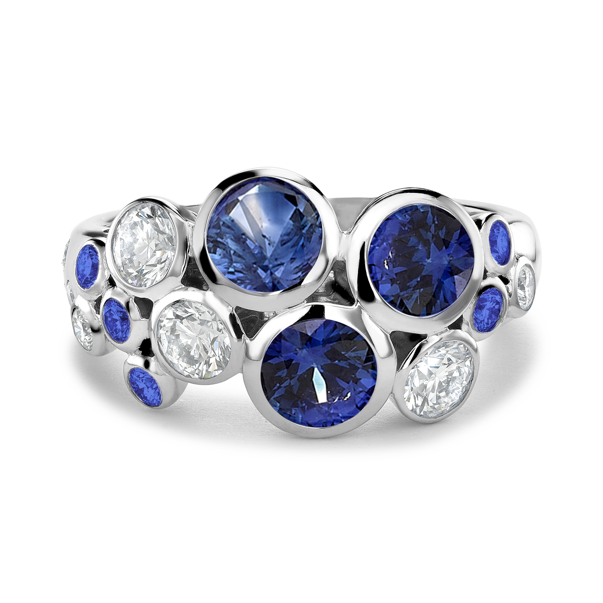 Bubbles Blue Sapphire and Diamond Dress Ring Brilliant Cut, Rubover Set_2