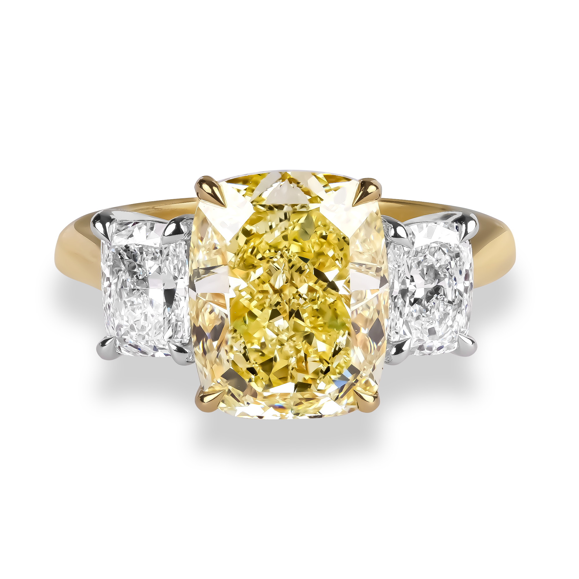 Cushion Cut 4.20ct Fancy Yellow Diamond Three Stone Ring Cushion Cut, Claw Set_2