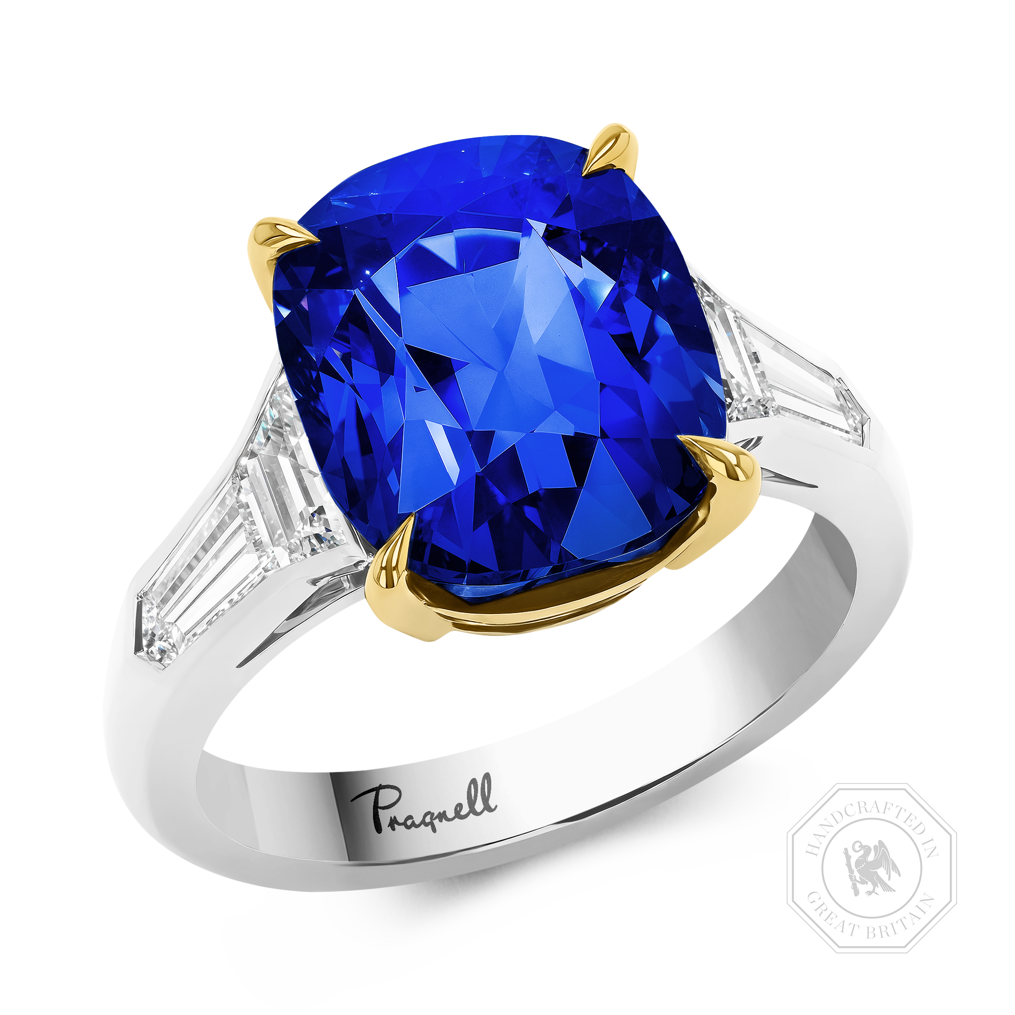Masterpiece Cushion Cut 8.00ct Kashmir Sapphire and Diamond Ring Cushion & Trapeze Cut, Claw Set_1