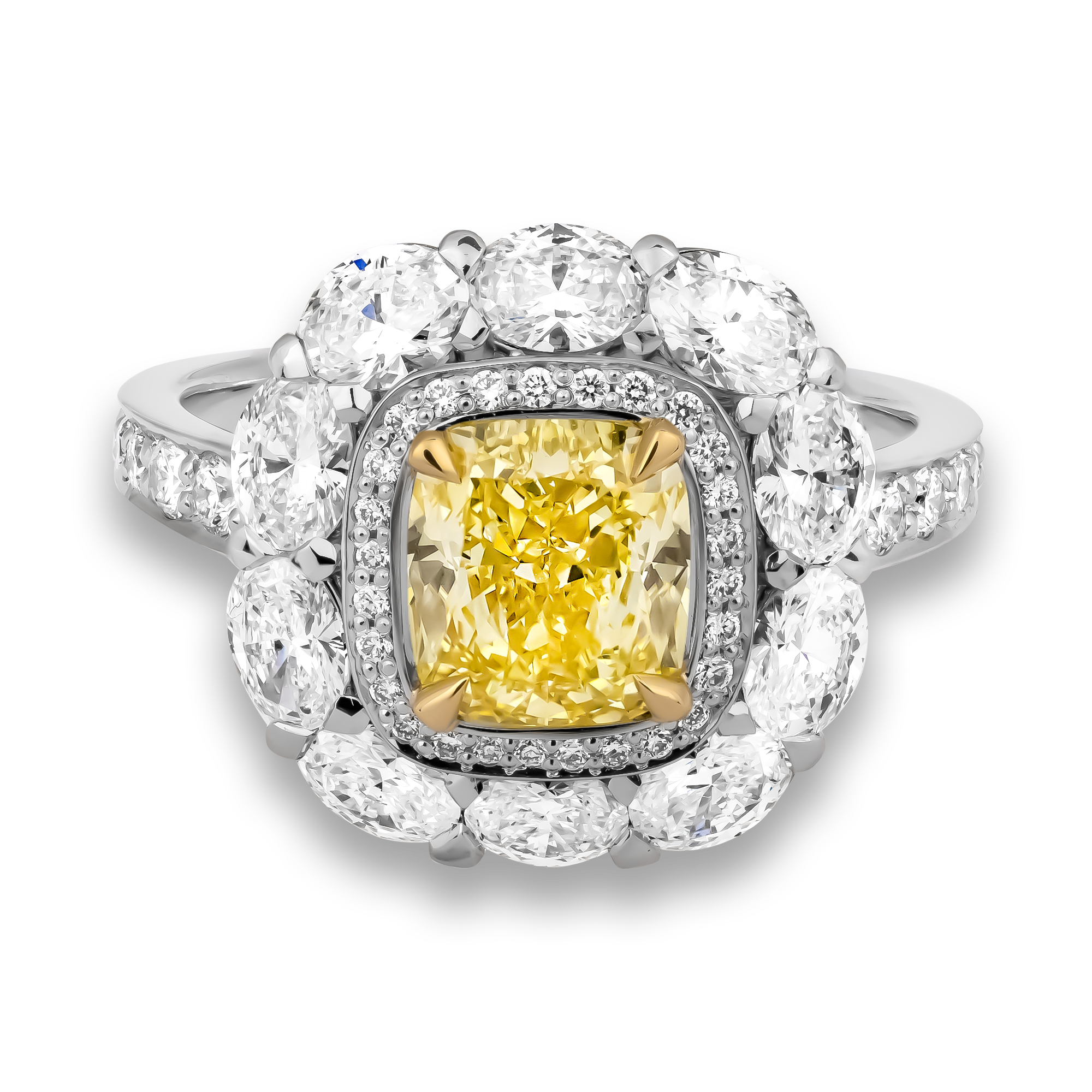 Cushion Cut 1.27ct Fancy Intense Yellow Diamond Cluster Ring Modern Cushion Cut, Claw Set_2
