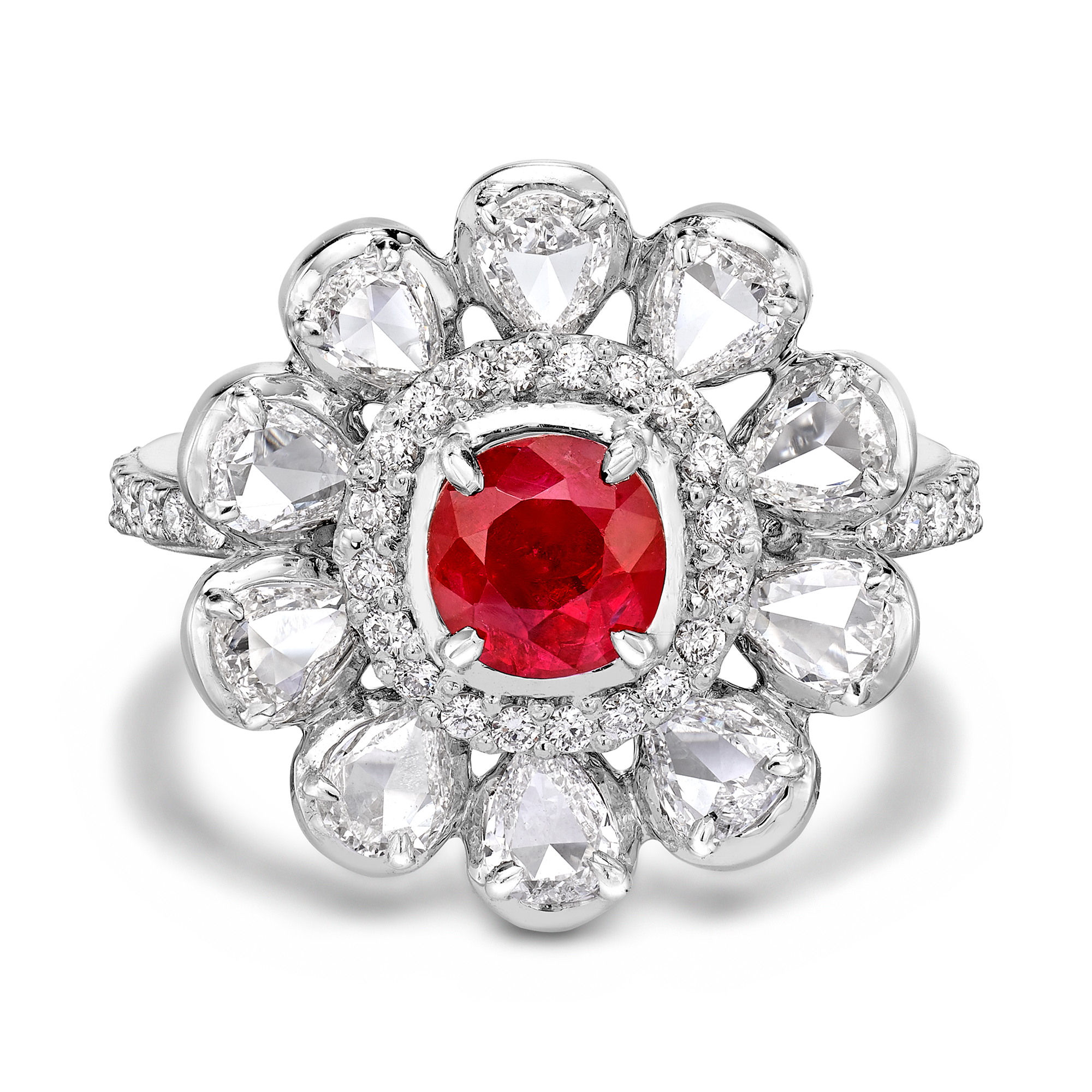 Cushion Cut Ruby Ring Cluster Ring with Pear Cut Shoulders_2