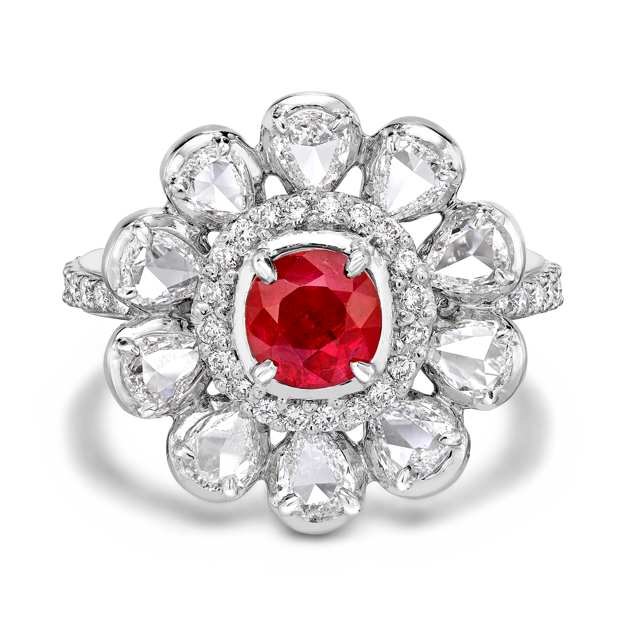 Cushion Cut Ruby Ring Cluster Ring with Pear Cut Shoulders_2