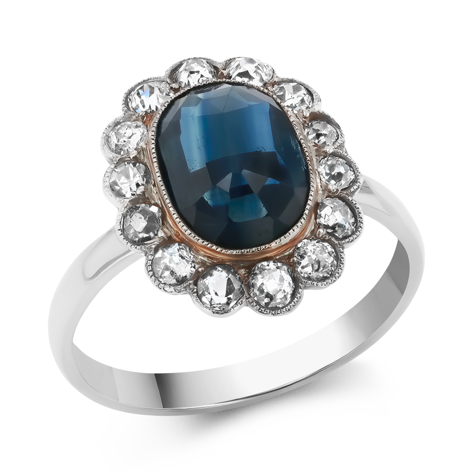 Art Deco Rose Cut Sapphire and Diamond Cluster Ring Rose Cut, Millegrain Set_1