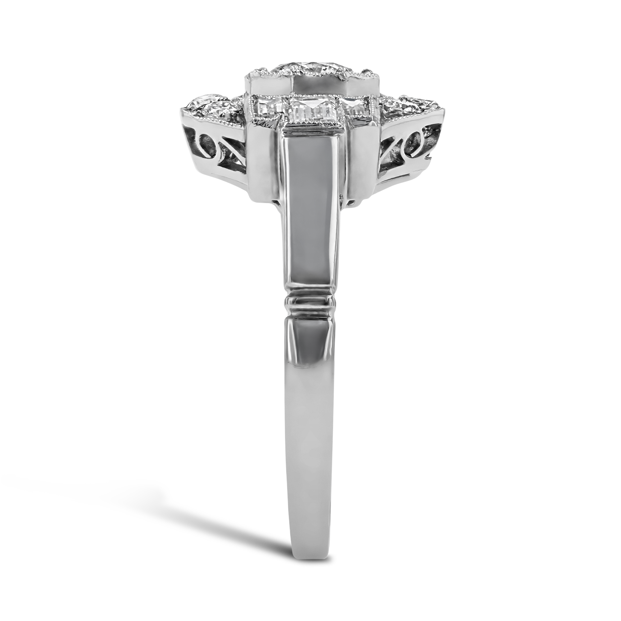 Art Deco Inspired Octagonal Diamond Ring Round & Baguette Cut, Millegrain Set_4
