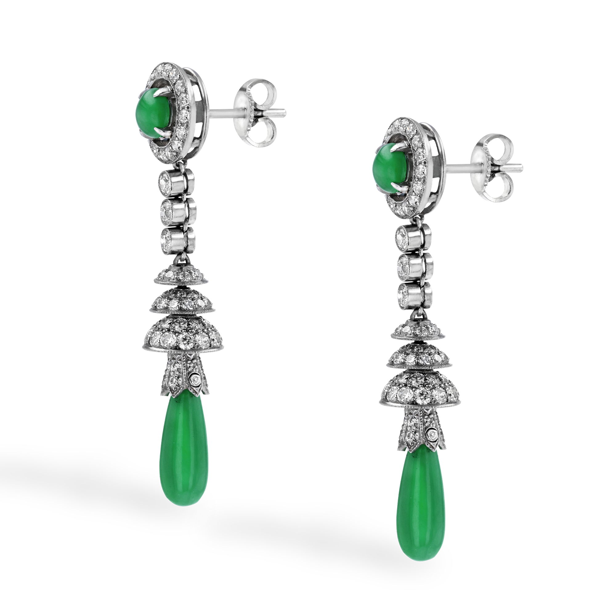 Art Deco Jadeite & Diamond Earrings Jadeite Drop Earrings, with Old Cut Diamonds_2