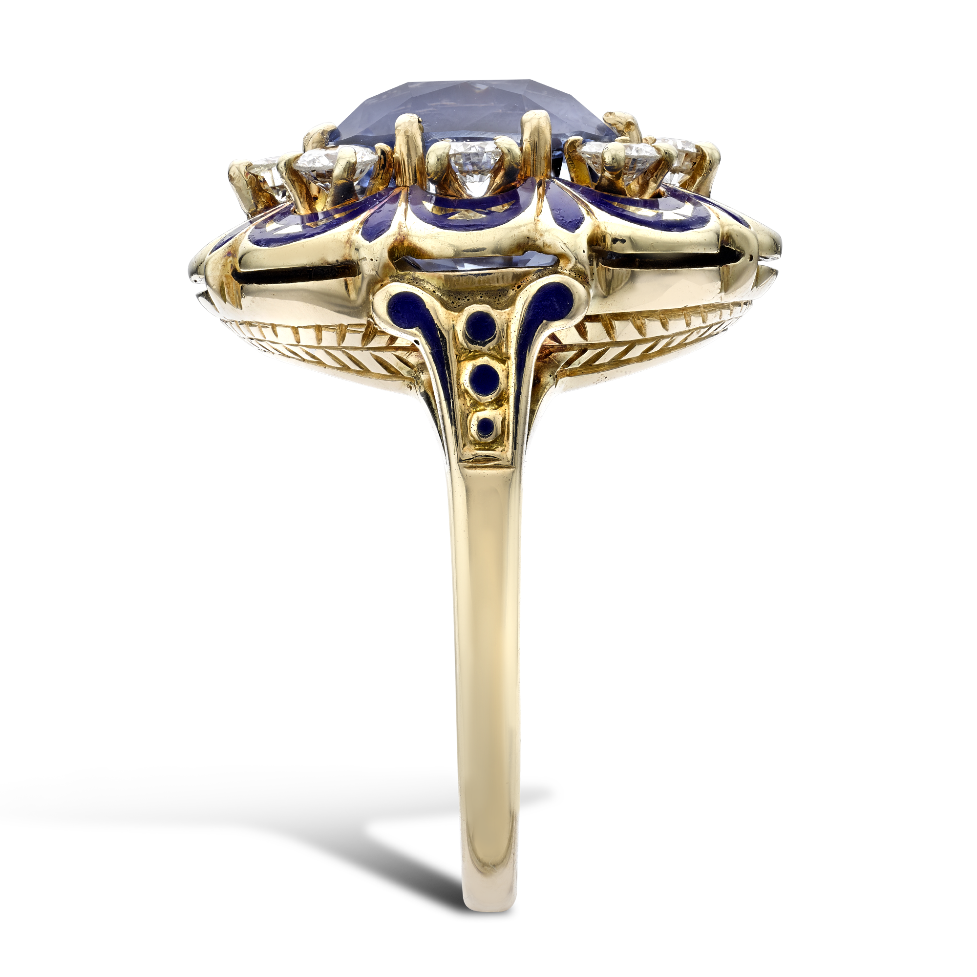 Retro American Victorian Revival Sapphire, Diamonds & Enamel Ring Oval Brilliant cut, round brilliant cut, Claw set_4