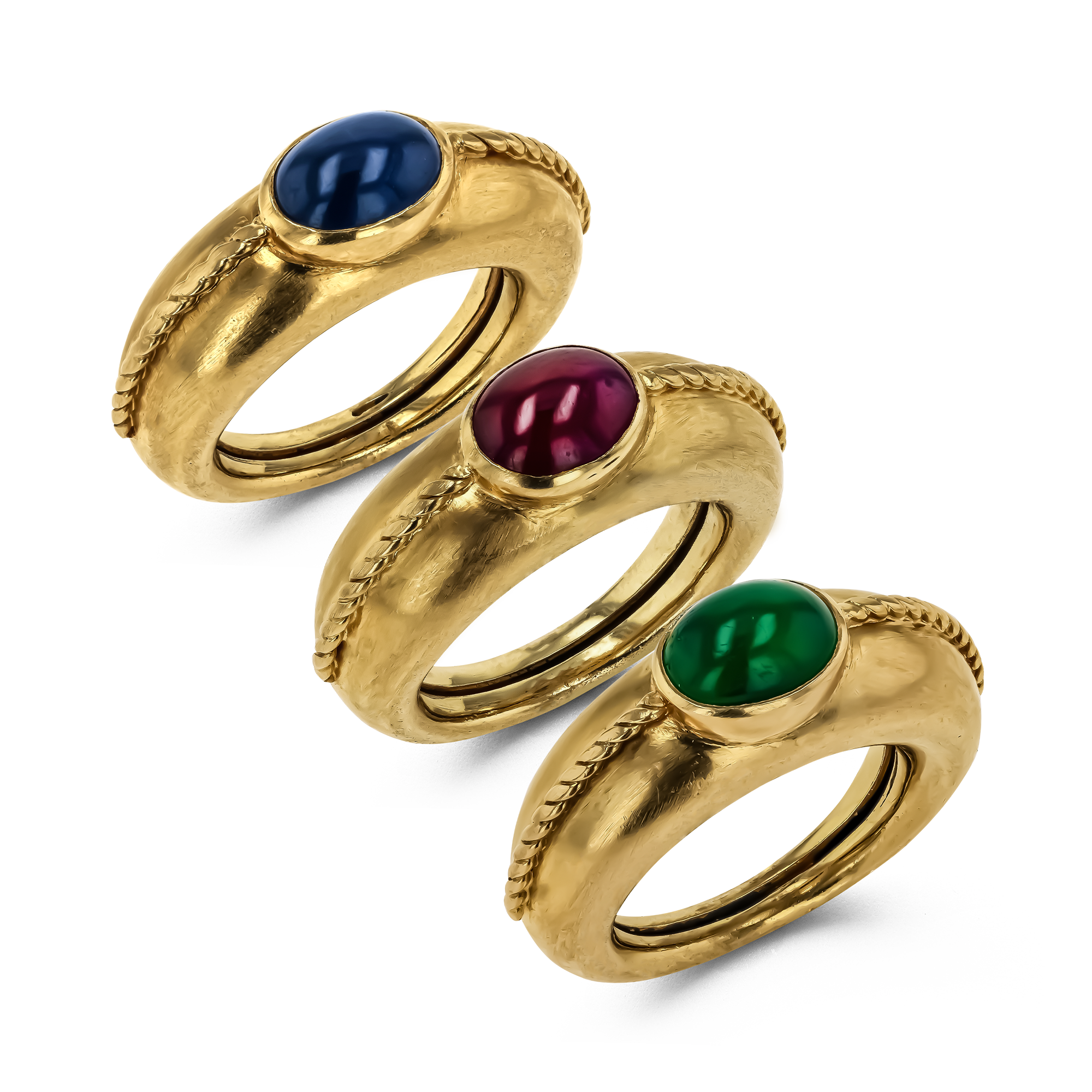 1960s Emerald, Ruby and Sapphire Trio of Rings Cabochon Cut, Rubover Set_1