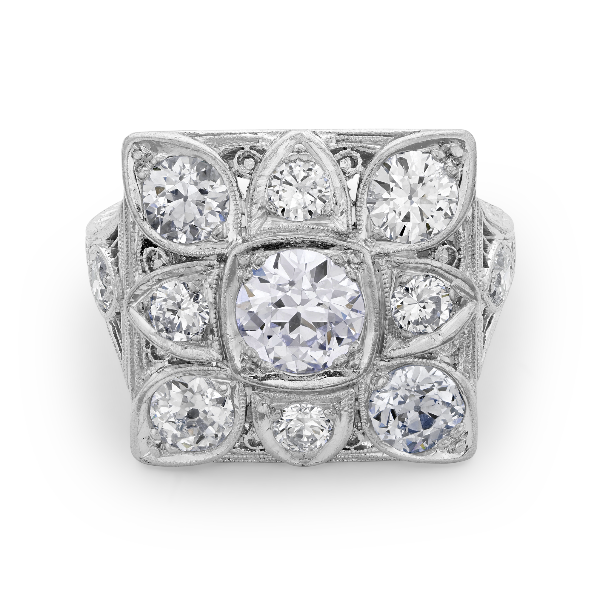 Art Deco Diamond Square Plaque Ring Old European Cut, grain set in millegrain borders_2